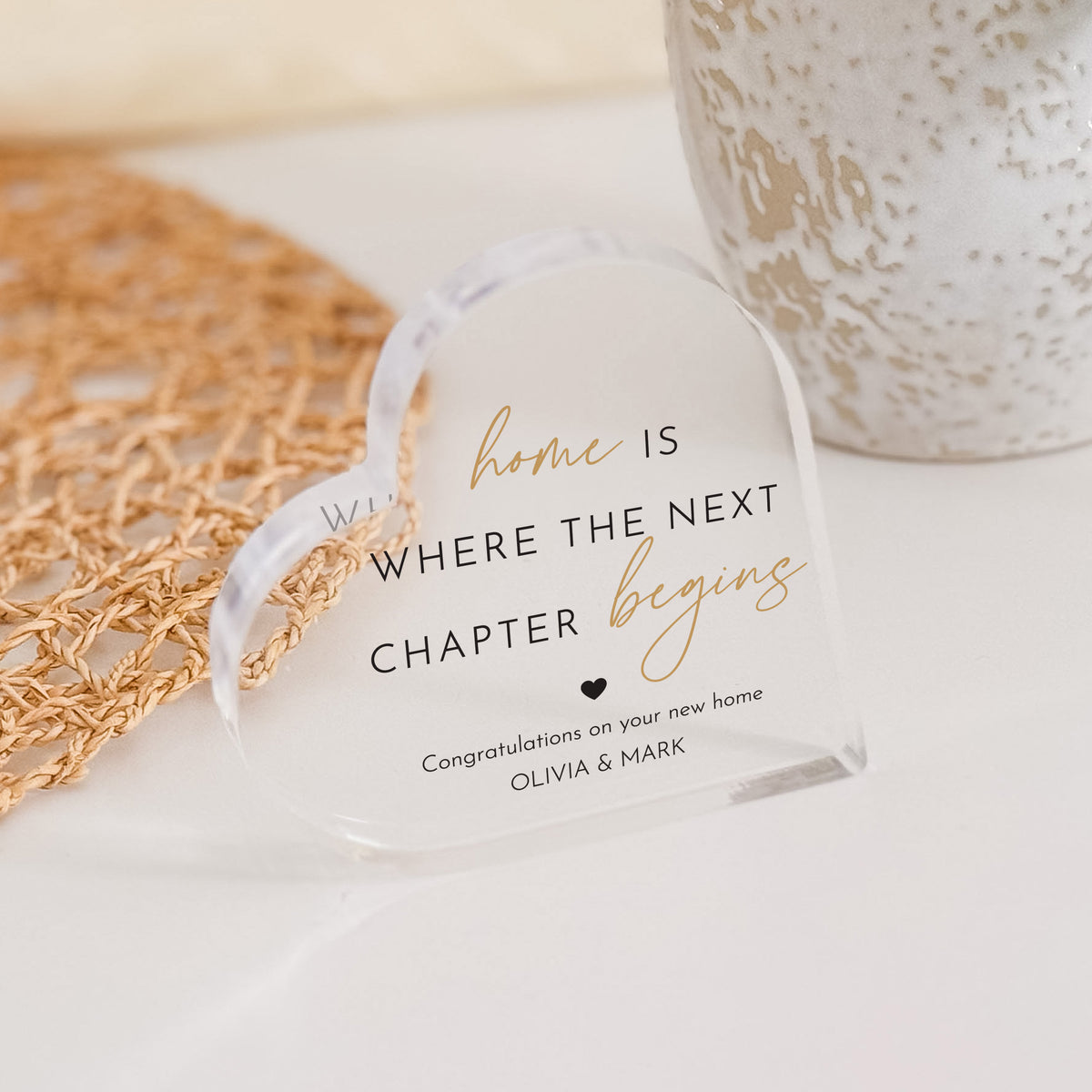 New Home Gift, Personalized Acrylic Heart Plaque, Housewarming Keepsake With Home Is Where the Next Chapter Begins