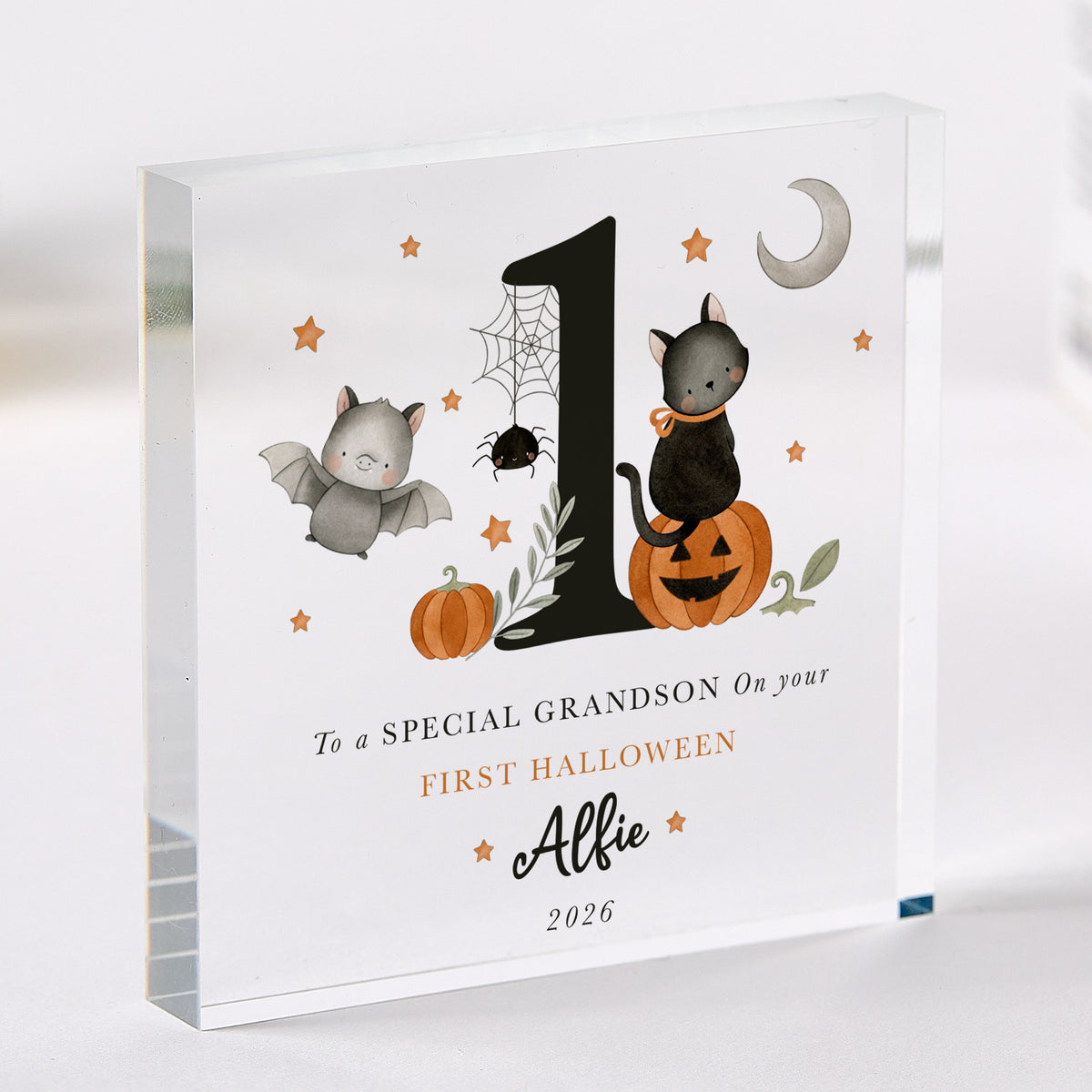 First Halloween Gift for Grandson, Personalized Acrylic Plaque with Cute Bat, Black Cat and Pumpkin Keepsake