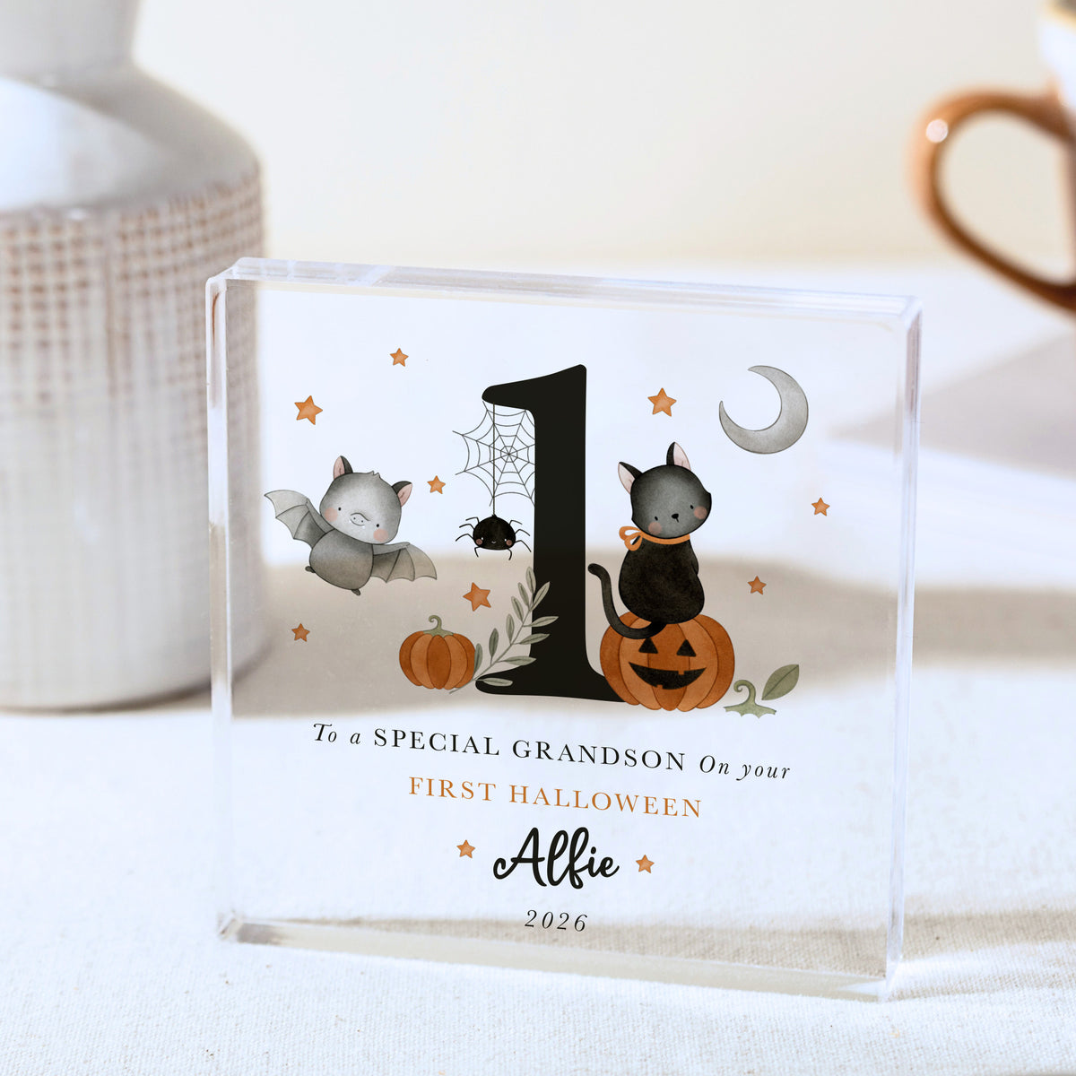 First Halloween Gift for Grandson, Personalized Acrylic Plaque with Cute Bat, Black Cat and Pumpkin Keepsake