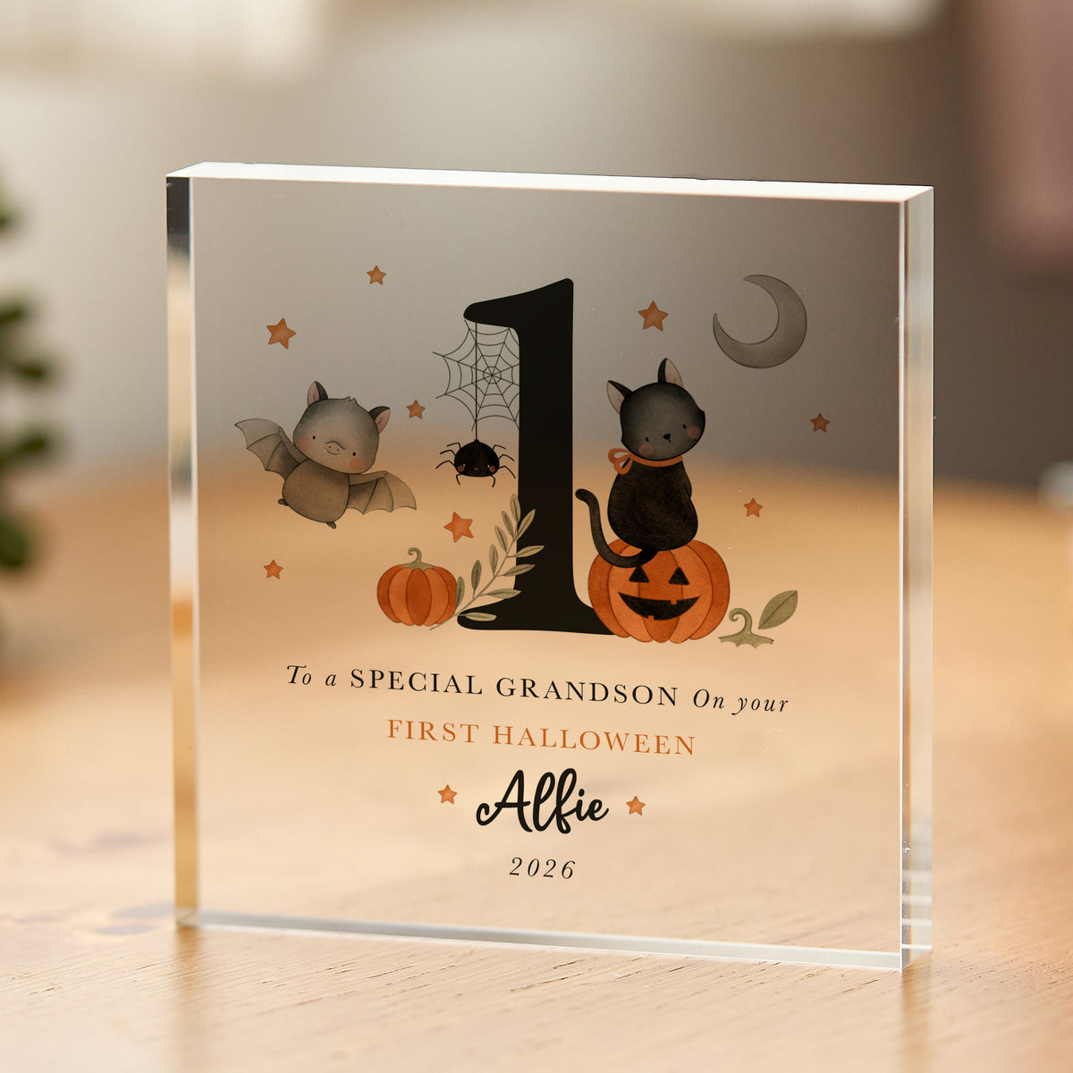 First Halloween Gift for Grandson, Personalized Acrylic Plaque with Cute Bat, Black Cat and Pumpkin Keepsake