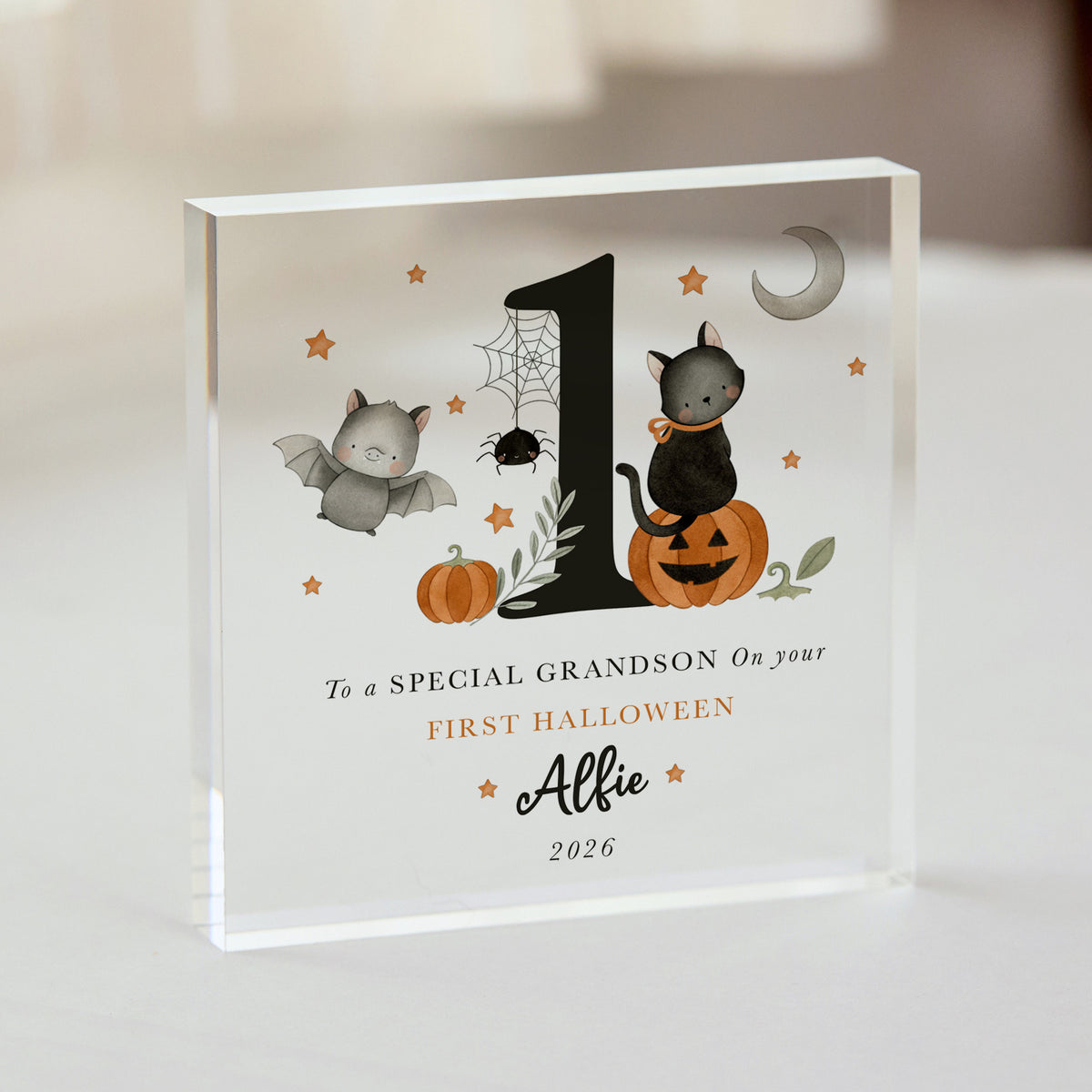 First Halloween Gift for Grandson, Personalized Acrylic Plaque with Cute Bat, Black Cat and Pumpkin Keepsake