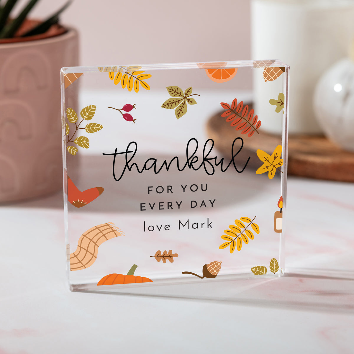 Everyday Thank You Gift, Personalized Acrylic Plaque with Autumn Leaves, Thoughtful Appreciation Keepsake for Her