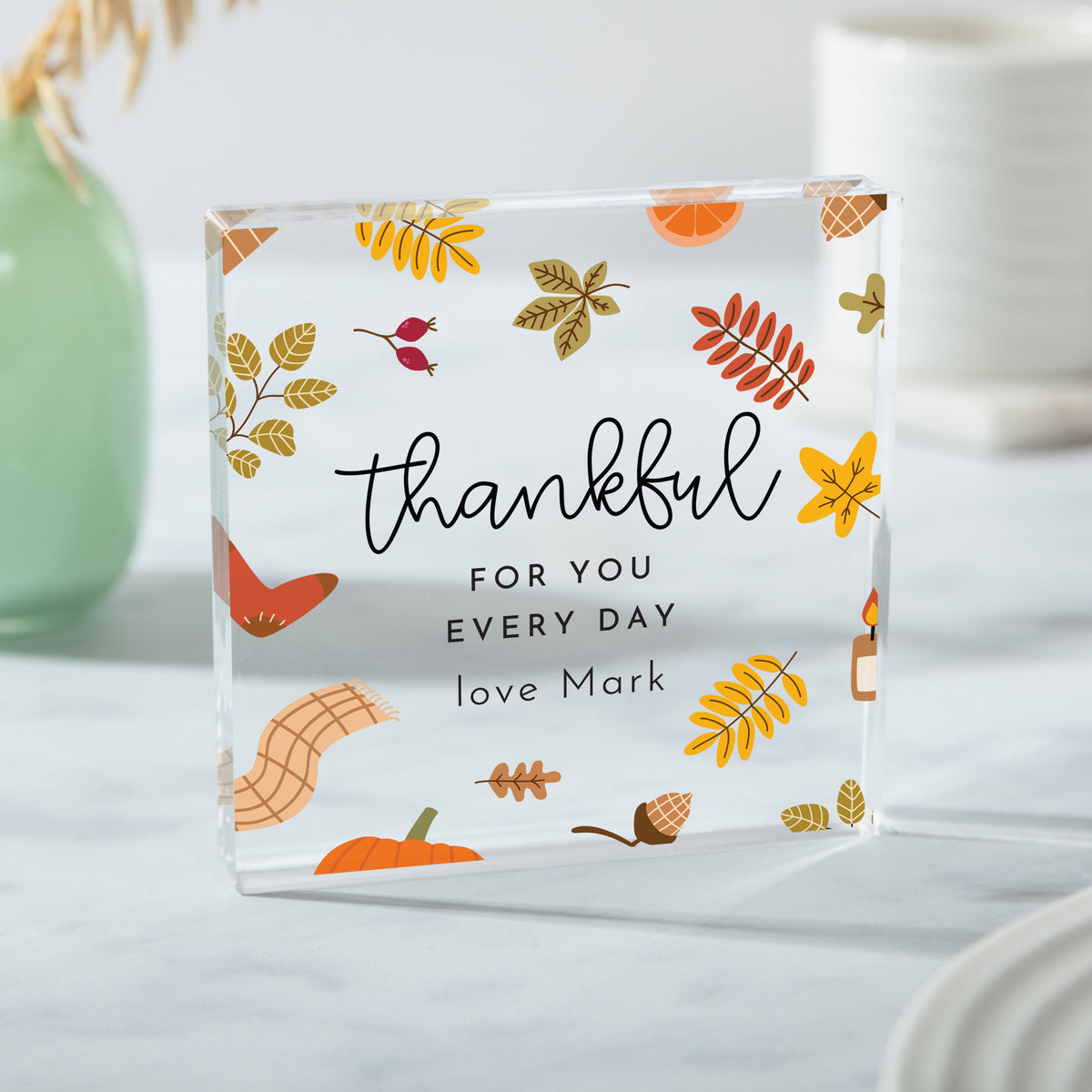 Everyday Thank You Gift, Personalized Acrylic Plaque with Autumn Leaves, Thoughtful Appreciation Keepsake for Her