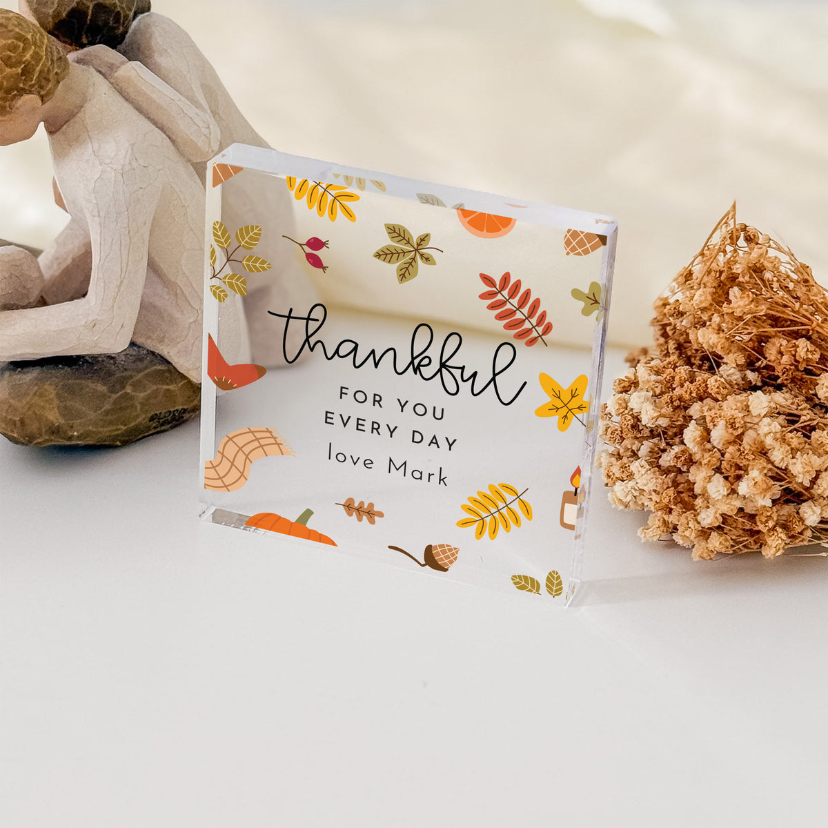 Everyday Thank You Gift, Personalized Acrylic Plaque with Autumn Leaves, Thoughtful Appreciation Keepsake for Her