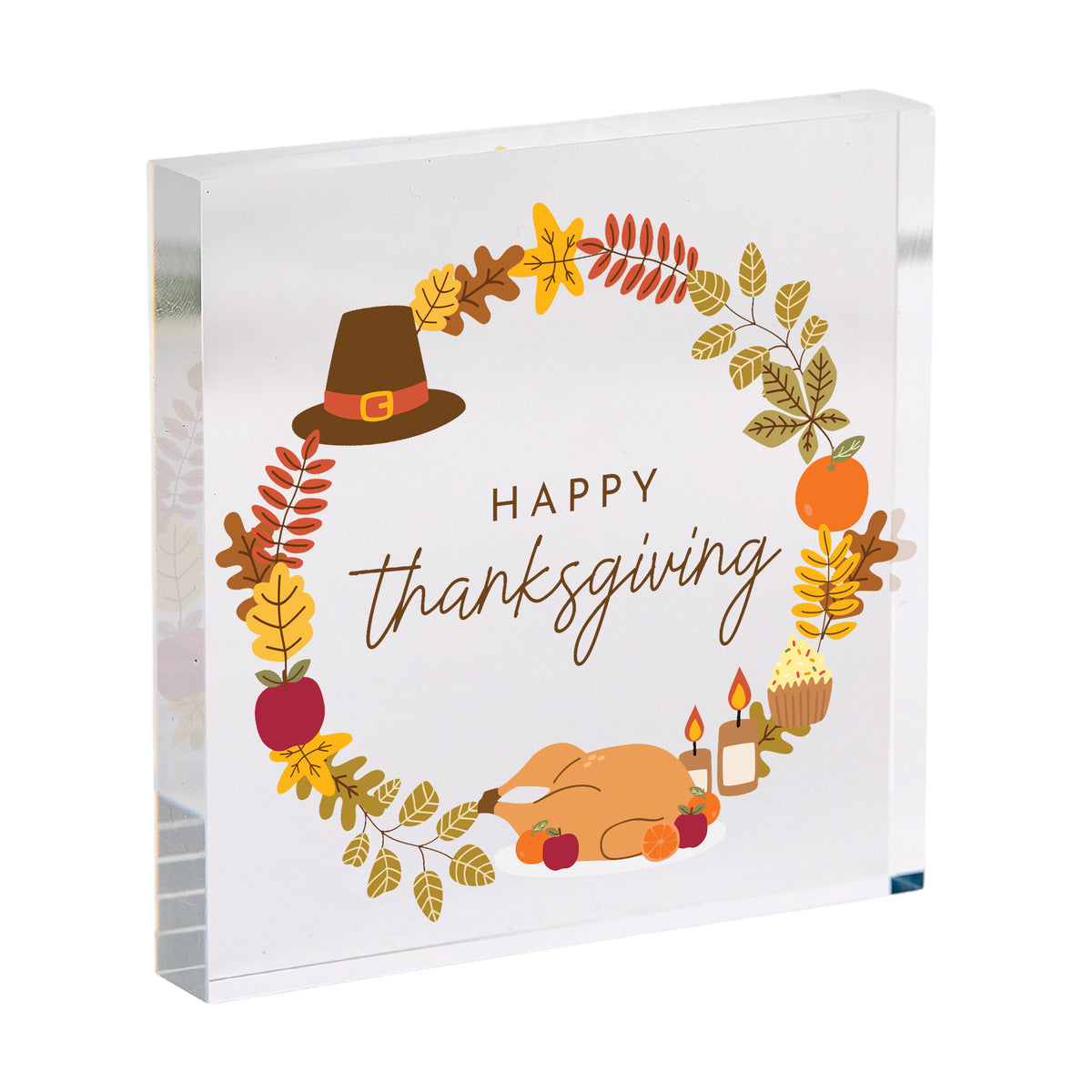 Happy Thanksgiving Acrylic Plaque, Fall Table Decor with Turkey and Pilgrim Hat, Seasonal Harvest Keepsake
