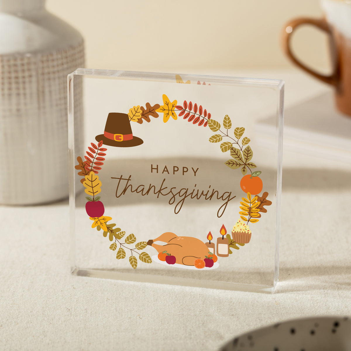 Happy Thanksgiving Acrylic Plaque, Fall Table Decor with Turkey and Pilgrim Hat, Seasonal Harvest Keepsake