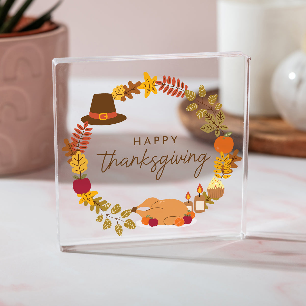 Happy Thanksgiving Acrylic Plaque, Fall Table Decor with Turkey and Pilgrim Hat, Seasonal Harvest Keepsake
