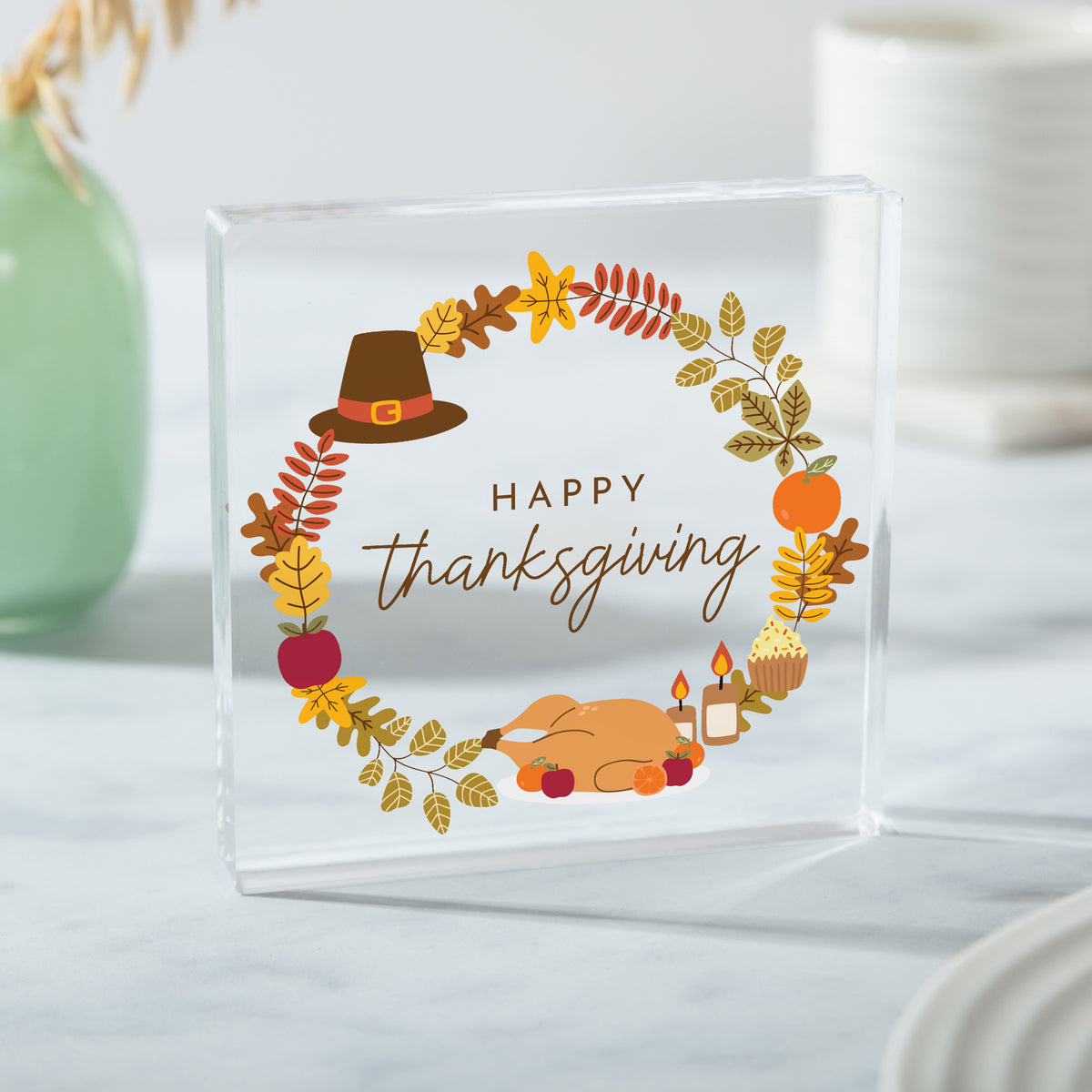 Happy Thanksgiving Acrylic Plaque, Fall Table Decor with Turkey and Pilgrim Hat, Seasonal Harvest Keepsake