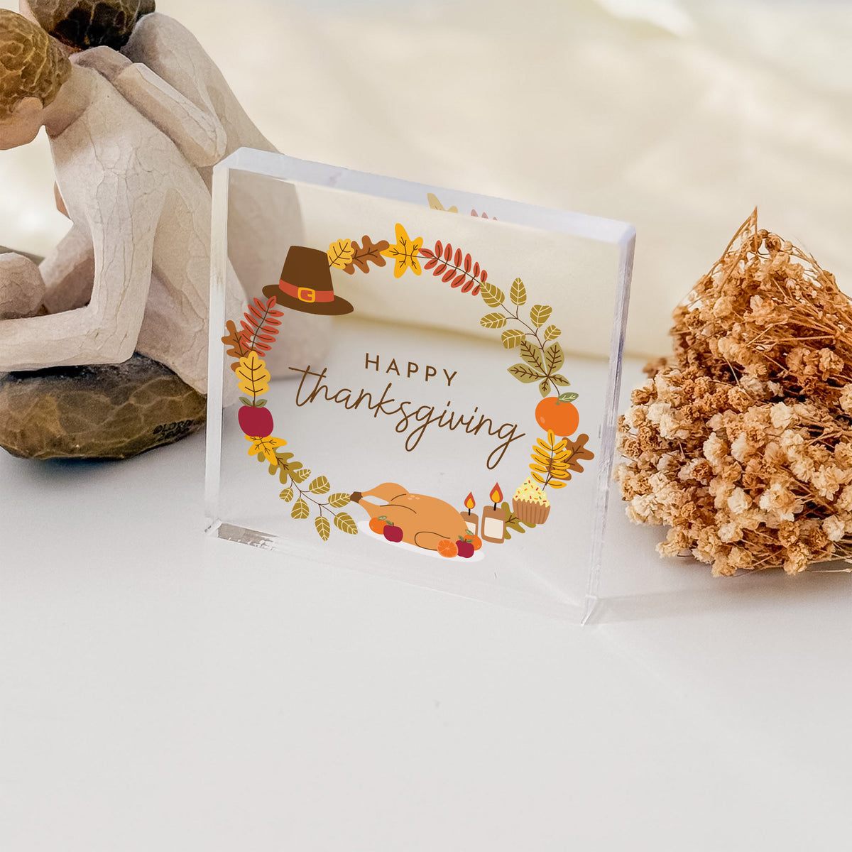 Happy Thanksgiving Acrylic Plaque, Fall Table Decor with Turkey and Pilgrim Hat, Seasonal Harvest Keepsake