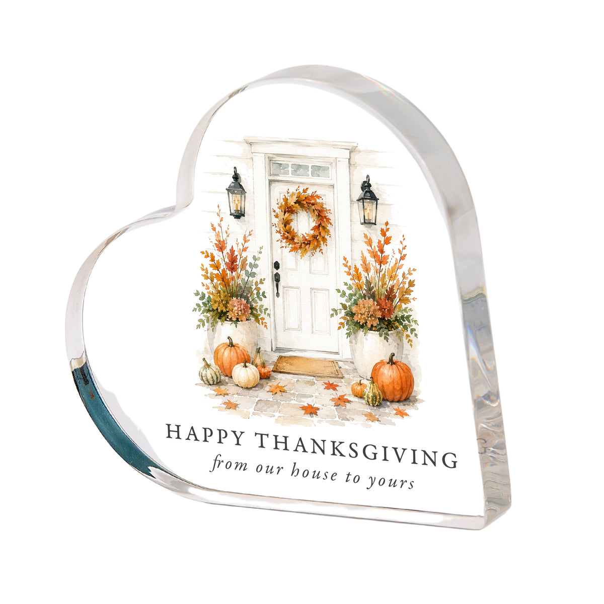 Thanksgiving Hostess Gift, Acrylic Heart Plaque with Fall Front Porch, Happy Thanksgiving Housewarming Decor