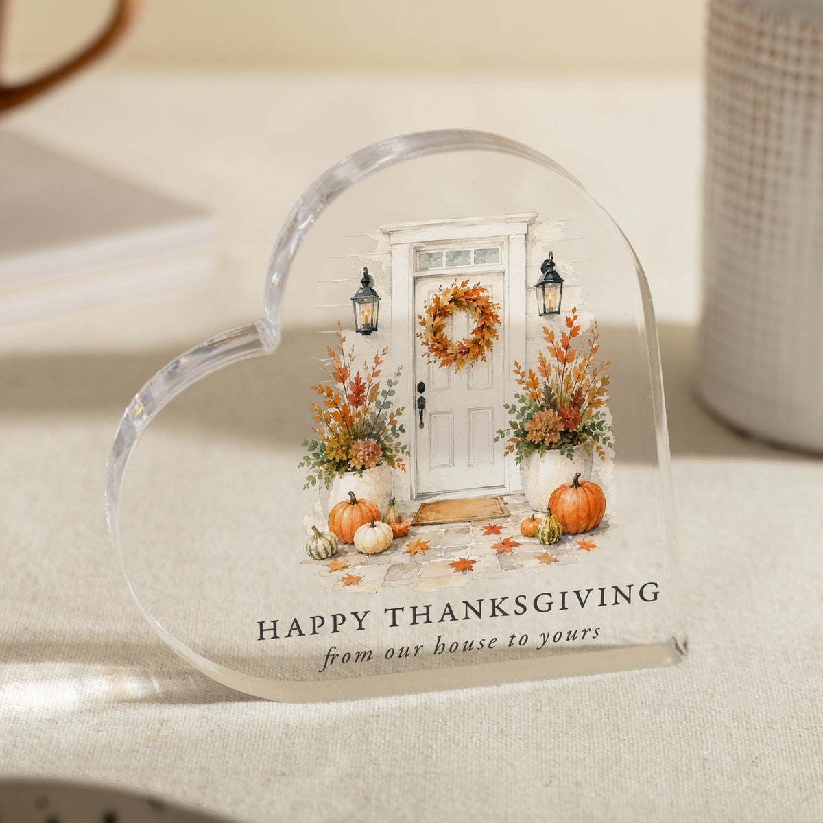 Thanksgiving Hostess Gift, Acrylic Heart Plaque with Fall Front Porch, Happy Thanksgiving Housewarming Decor