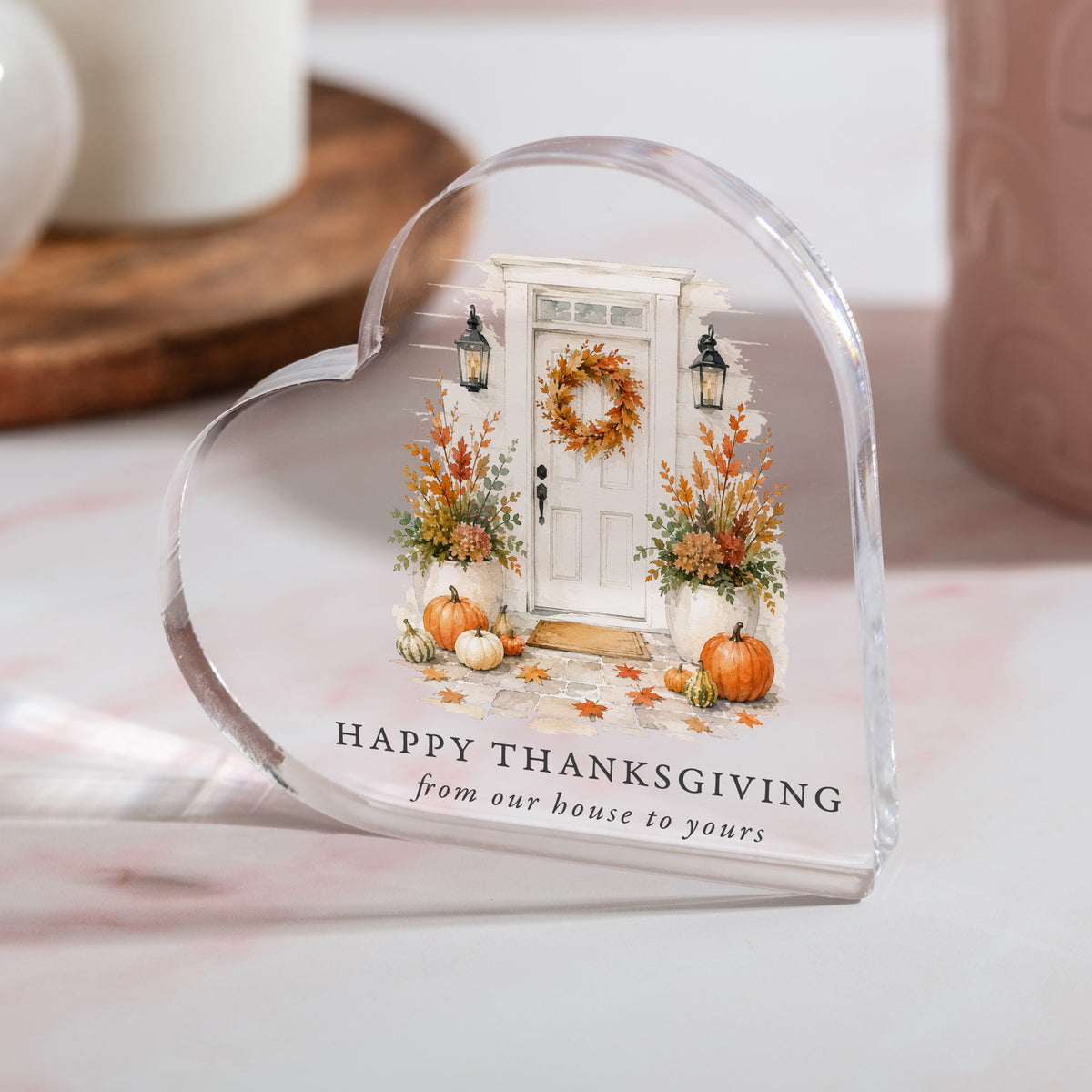 Thanksgiving Hostess Gift, Acrylic Heart Plaque with Fall Front Porch, Happy Thanksgiving Housewarming Decor