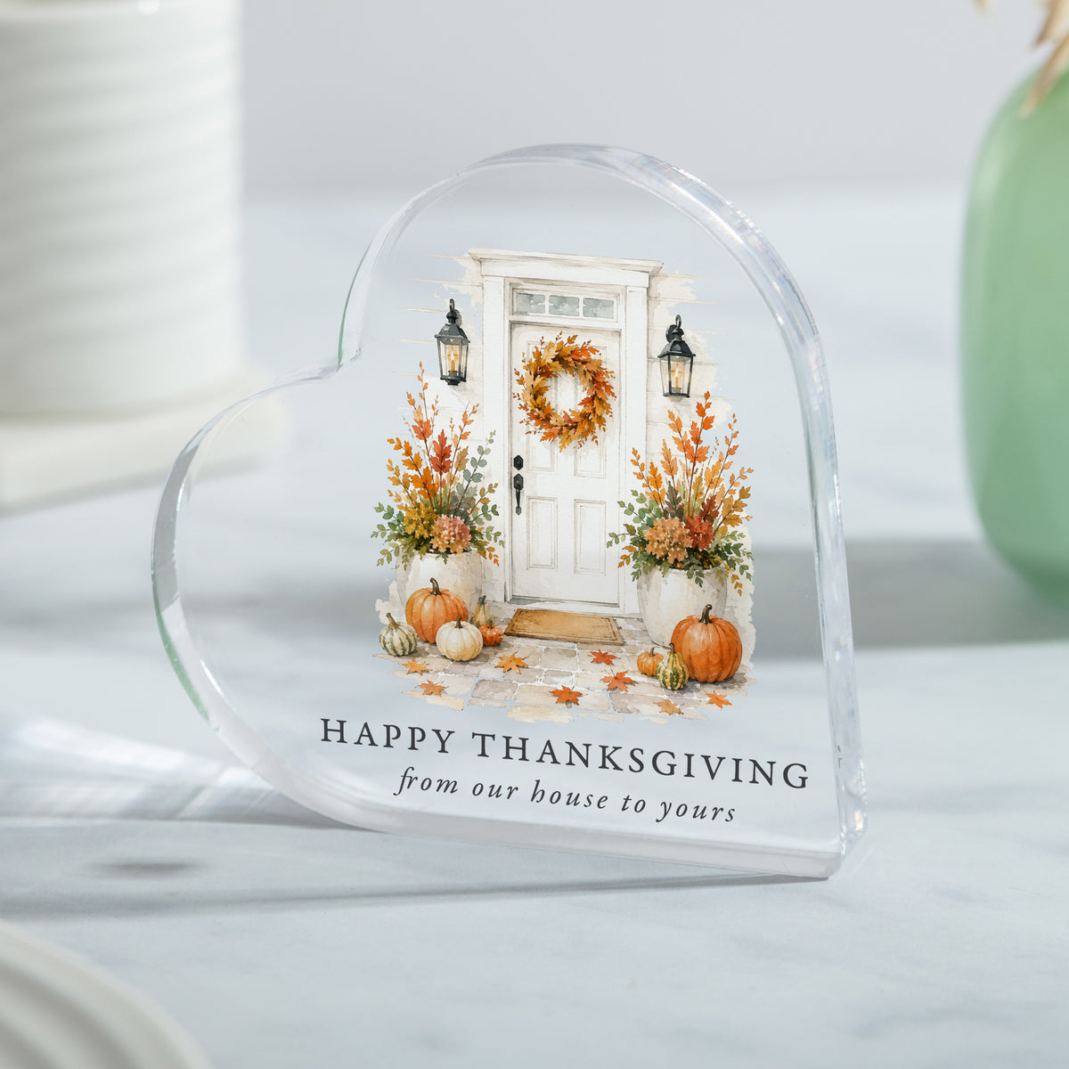 Thanksgiving Hostess Gift, Acrylic Heart Plaque with Fall Front Porch, Happy Thanksgiving Housewarming Decor