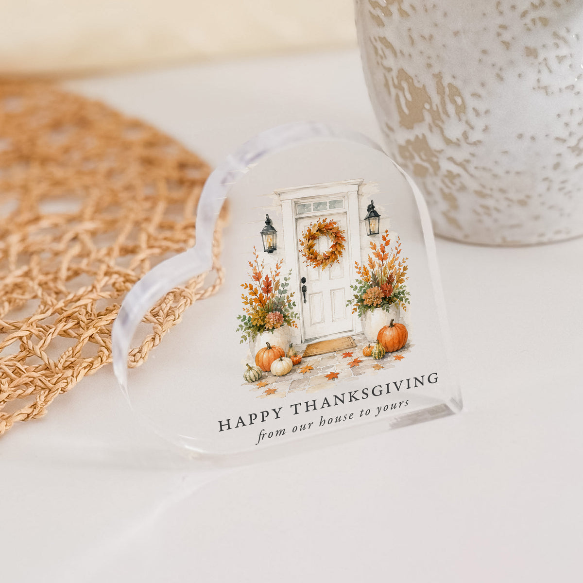 Thanksgiving Hostess Gift, Acrylic Heart Plaque with Fall Front Porch, Happy Thanksgiving Housewarming Decor