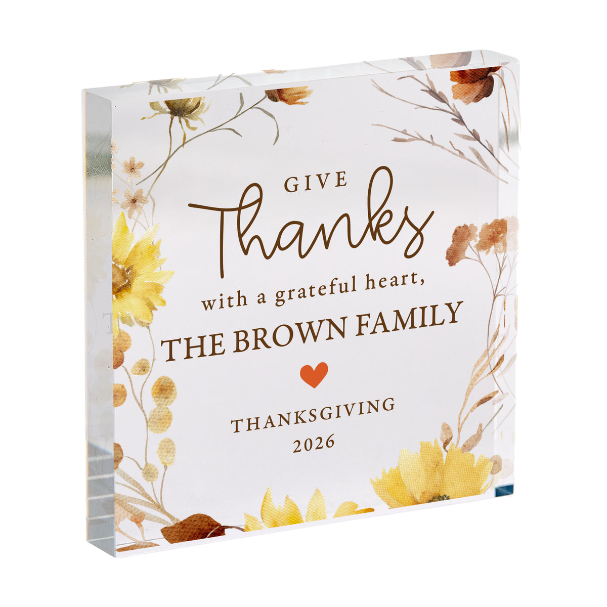 Thanksgiving Family Keepsake, Personalized Acrylic Plaque with Give Thanks Quote, Autumn Floral Home Decor Gift
