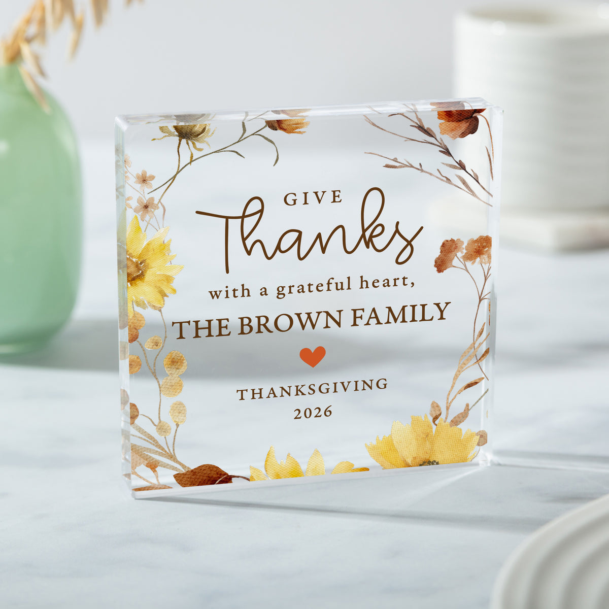 Thanksgiving Family Keepsake, Personalized Acrylic Plaque with Give Thanks Quote, Autumn Floral Home Decor Gift
