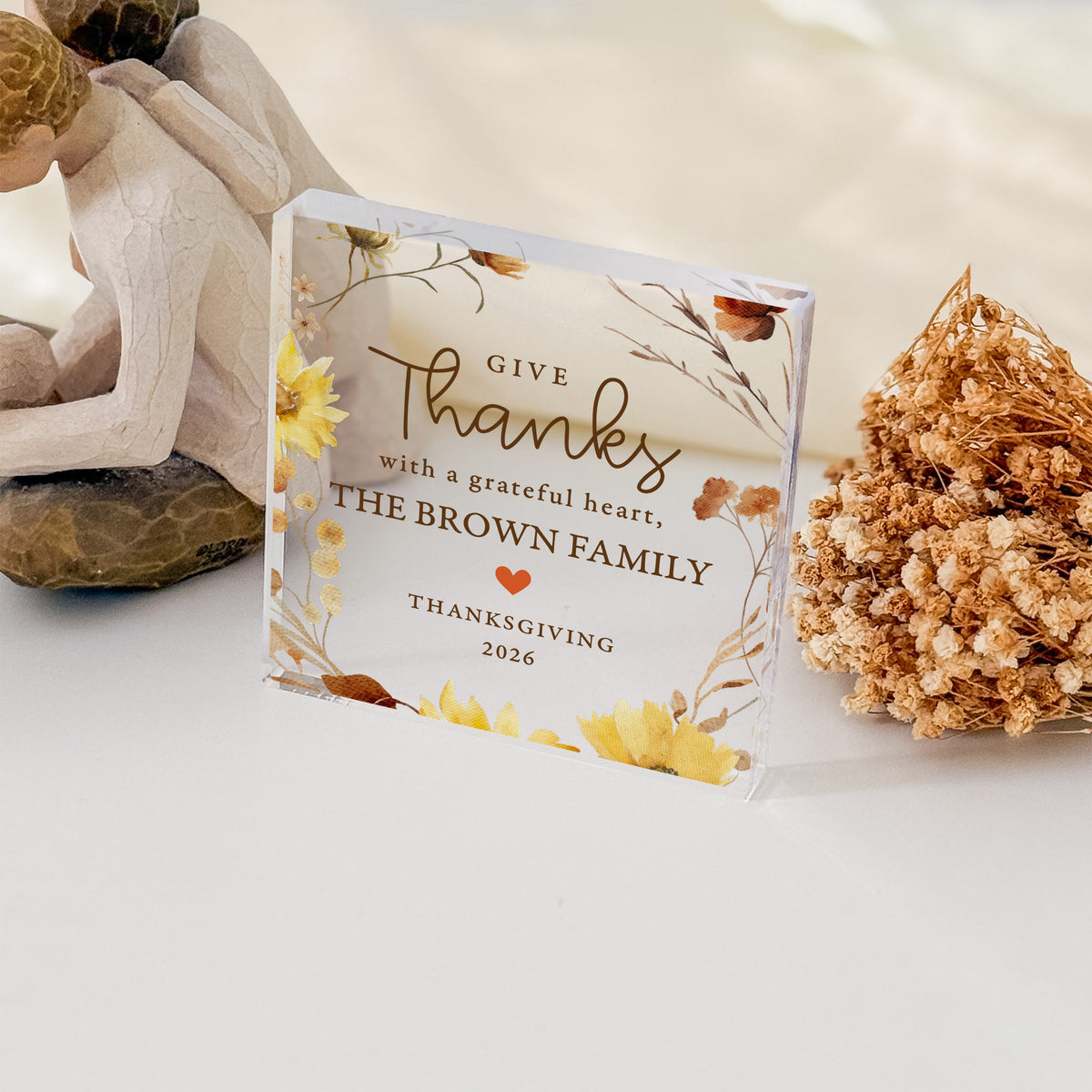 Thanksgiving Family Keepsake, Personalized Acrylic Plaque with Give Thanks Quote, Autumn Floral Home Decor Gift