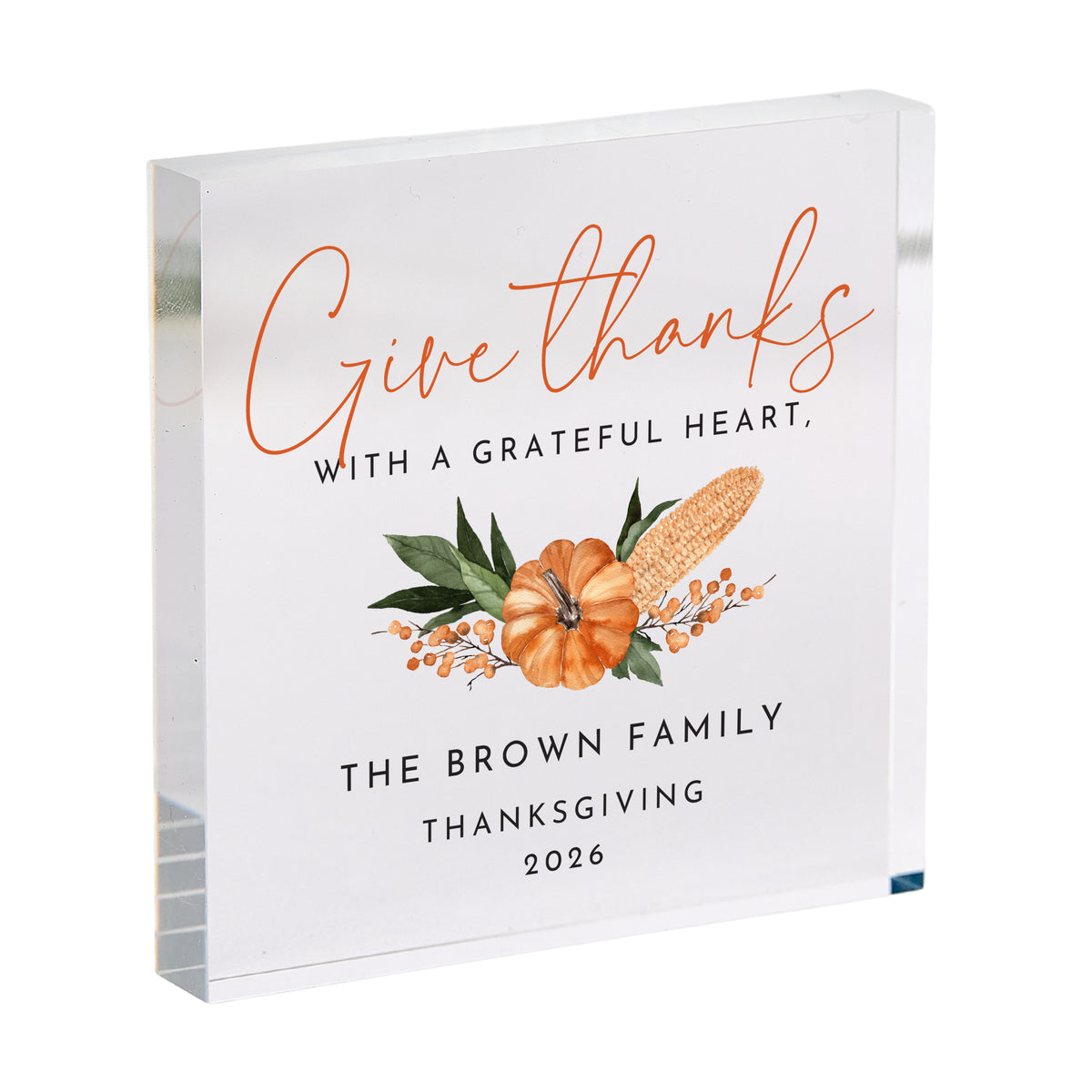Thanksgiving Family Keepsake, Personalized Acrylic Plaque, Give Thanks Grateful Heart Quote, Pumpkin Floral Fall Decor