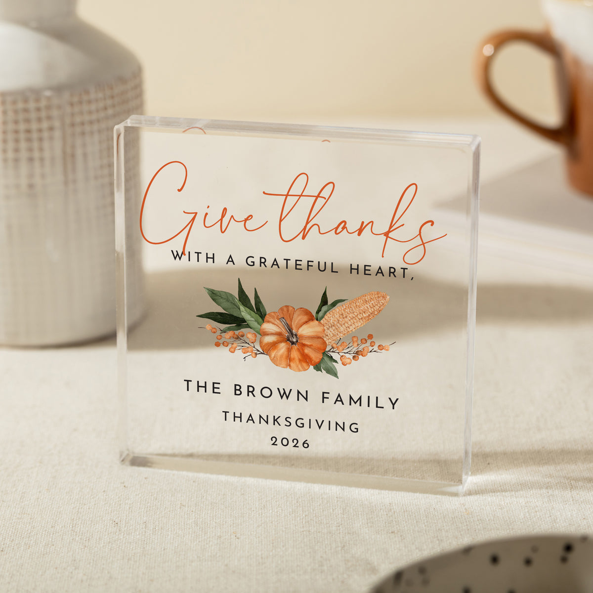 Thanksgiving Family Keepsake, Personalized Acrylic Plaque, Give Thanks Grateful Heart Quote, Pumpkin Floral Fall Decor