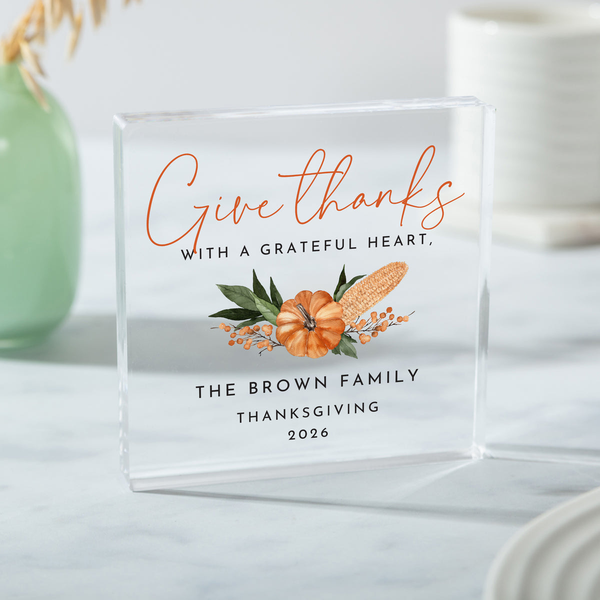 Thanksgiving Family Keepsake, Personalized Acrylic Plaque, Give Thanks Grateful Heart Quote, Pumpkin Floral Fall Decor