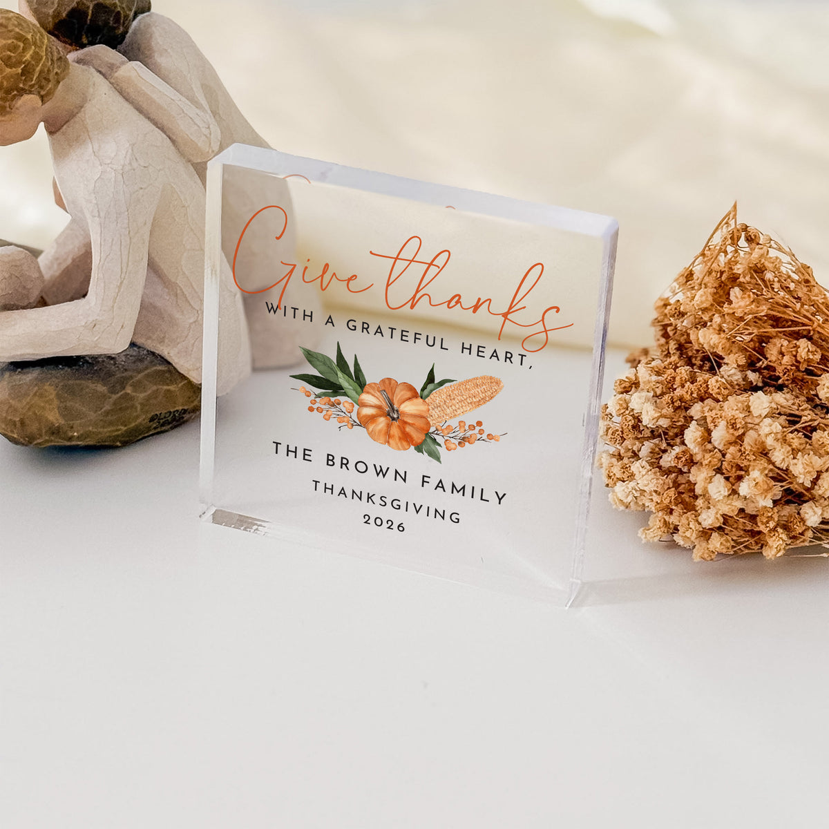 Thanksgiving Family Keepsake, Personalized Acrylic Plaque, Give Thanks Grateful Heart Quote, Pumpkin Floral Fall Decor