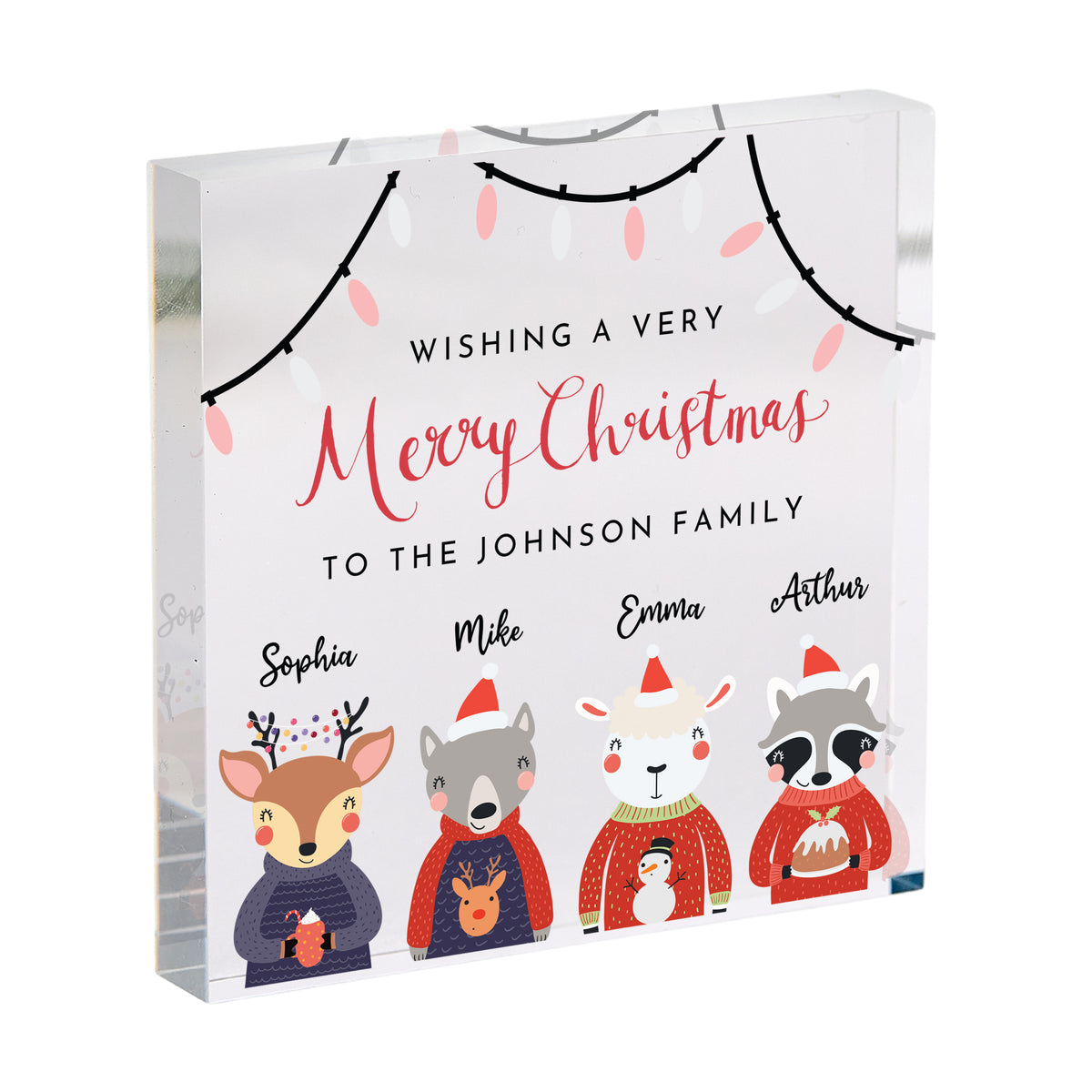 Personalized Family Christmas Acrylic Plaque, Merry Christmas Keepsake with Cute Winter Animals and Names