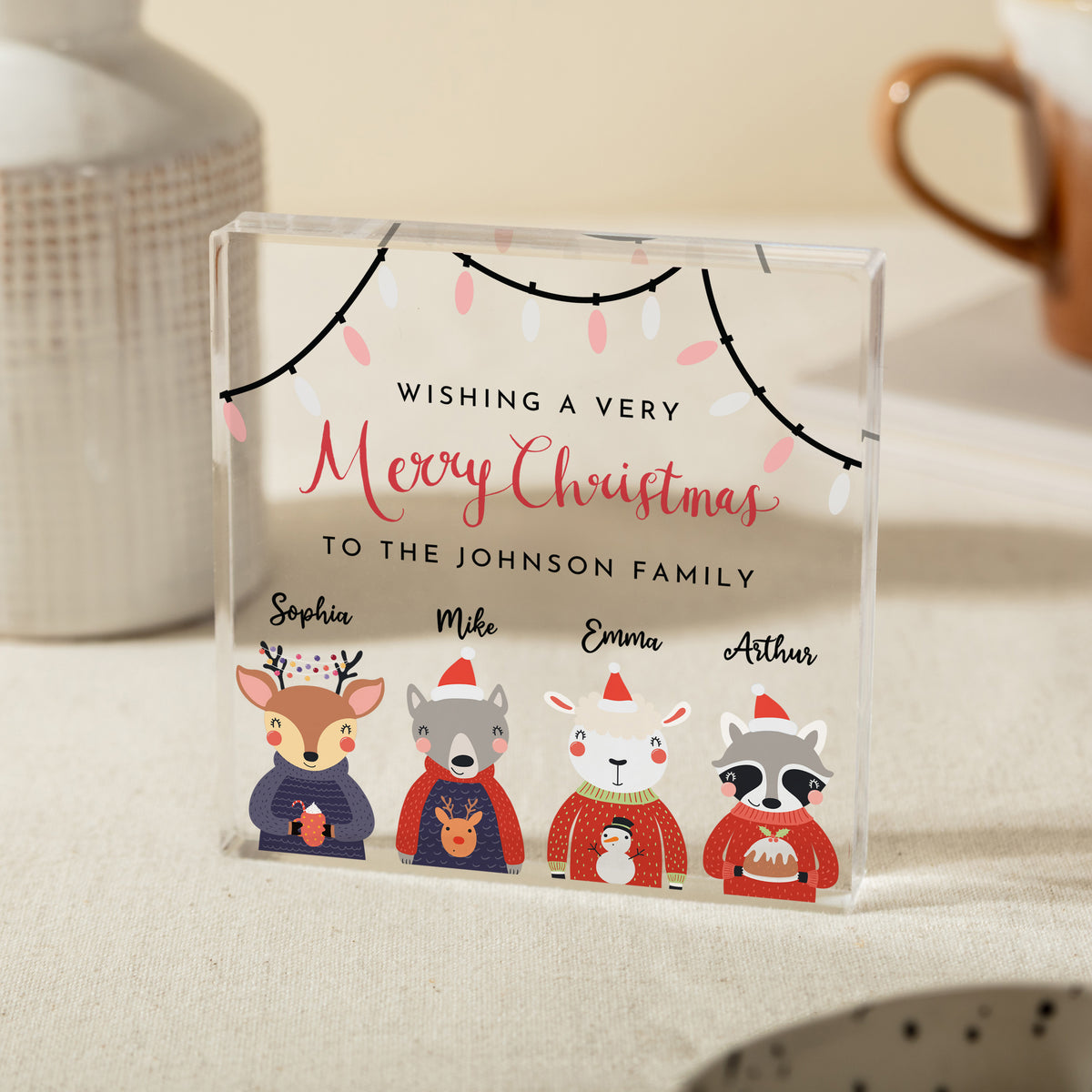 Personalized Family Christmas Acrylic Plaque, Merry Christmas Keepsake with Cute Winter Animals and Names