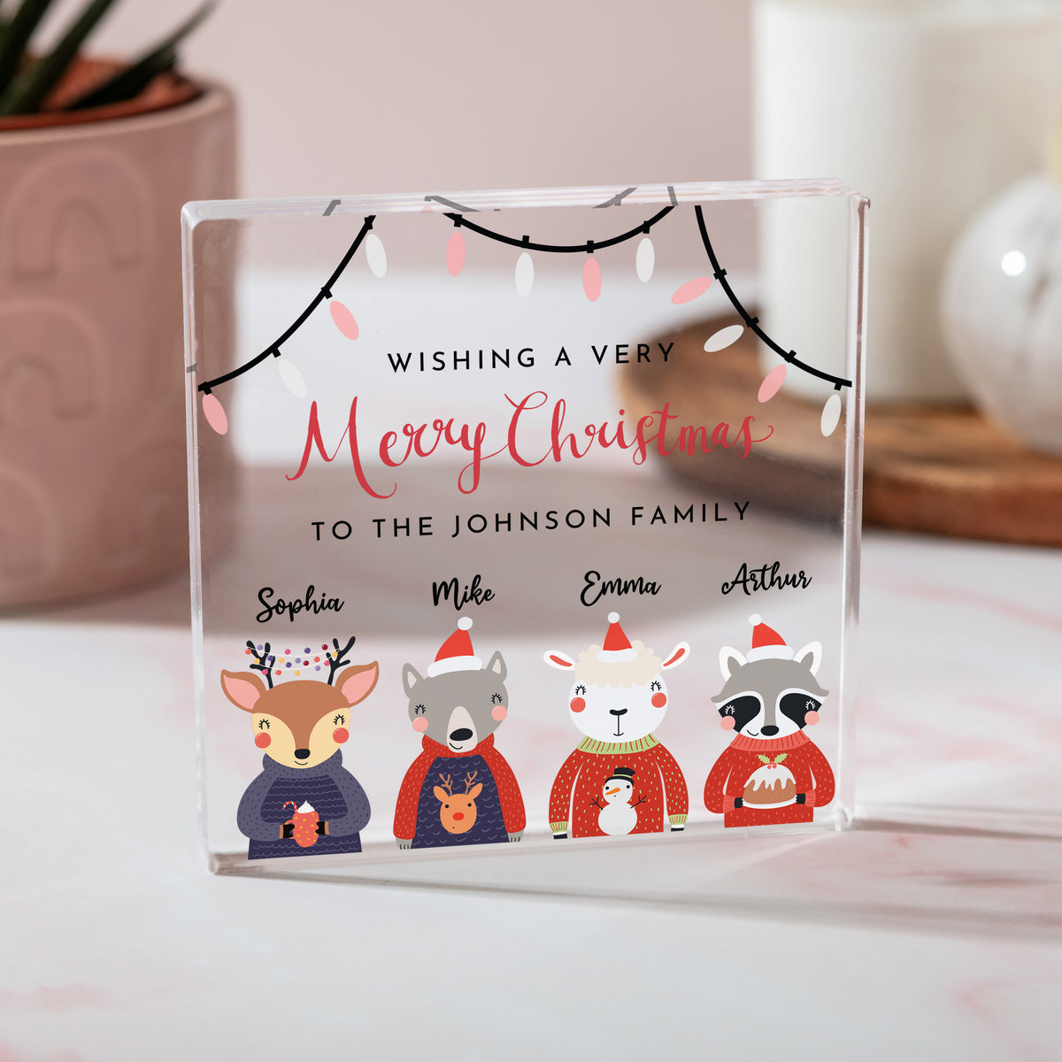 Personalized Family Christmas Acrylic Plaque, Merry Christmas Keepsake with Cute Winter Animals and Names