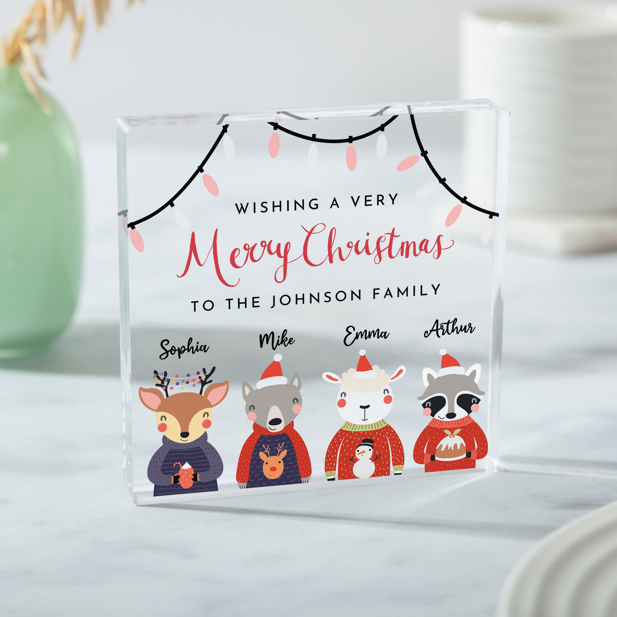 Personalized Family Christmas Acrylic Plaque, Merry Christmas Keepsake with Cute Winter Animals and Names
