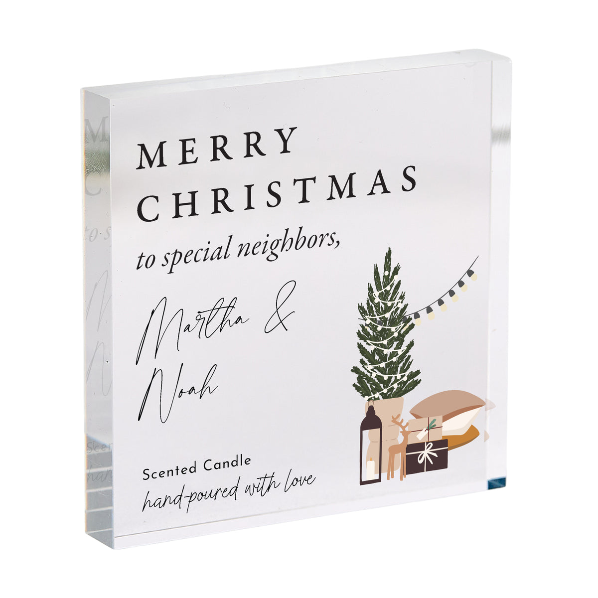 Christmas Gift for Neighbors, Personalized Acrylic Plaque, Merry Christmas Scented Candle Keepsake with Tree Design