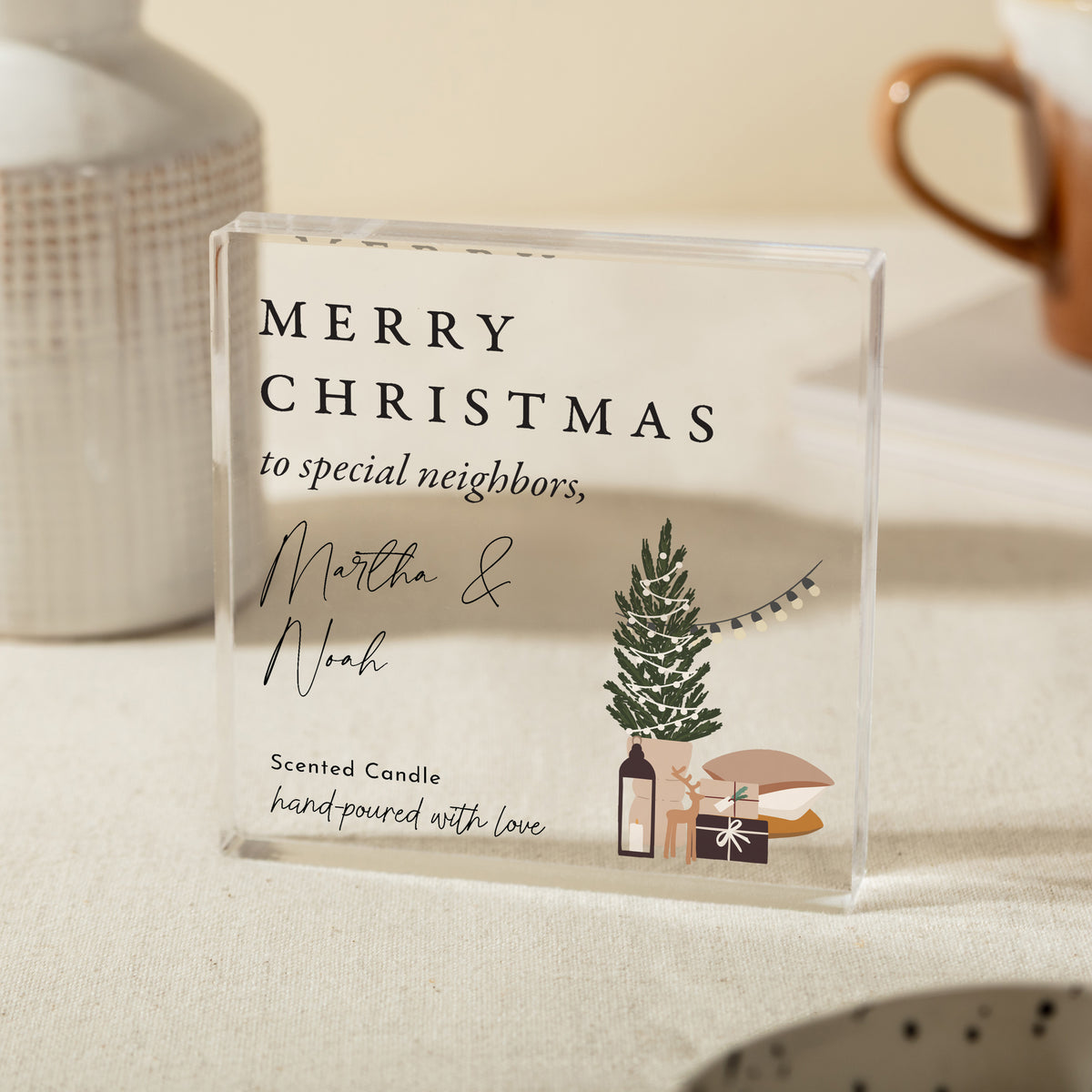 Christmas Gift for Neighbors, Personalized Acrylic Plaque, Merry Christmas Scented Candle Keepsake with Tree Design