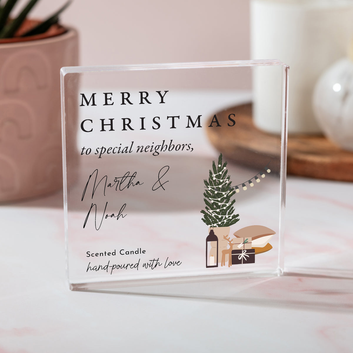 Christmas Gift for Neighbors, Personalized Acrylic Plaque, Merry Christmas Scented Candle Keepsake with Tree Design