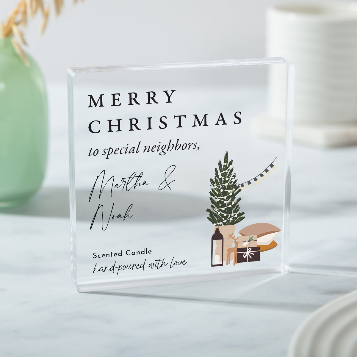 Christmas Gift for Neighbors, Personalized Acrylic Plaque, Merry Christmas Scented Candle Keepsake with Tree Design