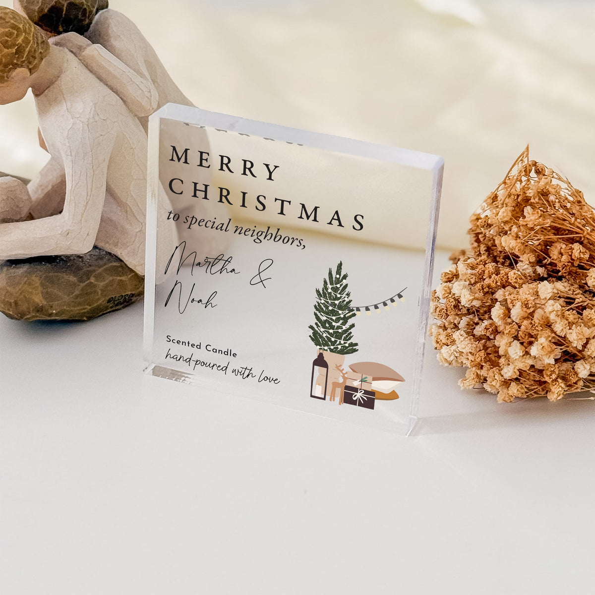 Christmas Gift for Neighbors, Personalized Acrylic Plaque, Merry Christmas Scented Candle Keepsake with Tree Design