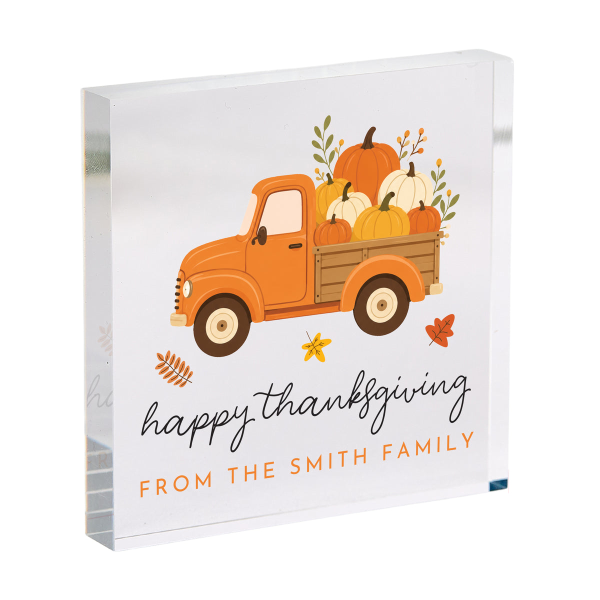 Thanksgiving Family Keepsake, Personalized Acrylic Plaque with Pumpkin Truck, Fall Hostess Gift Decor