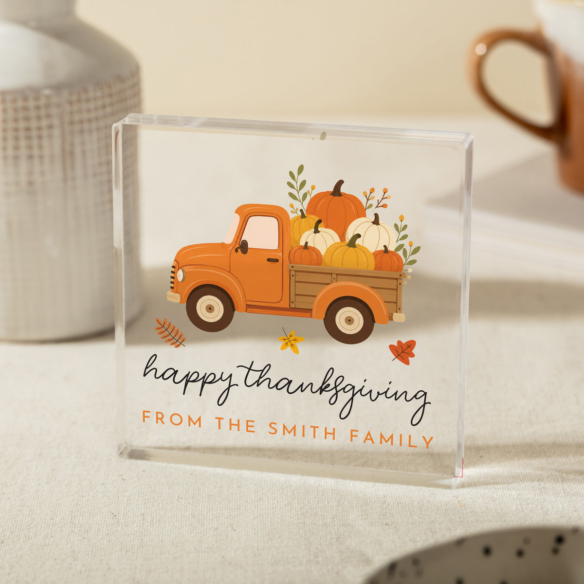 Thanksgiving Family Keepsake, Personalized Acrylic Plaque with Pumpkin Truck, Fall Hostess Gift Decor