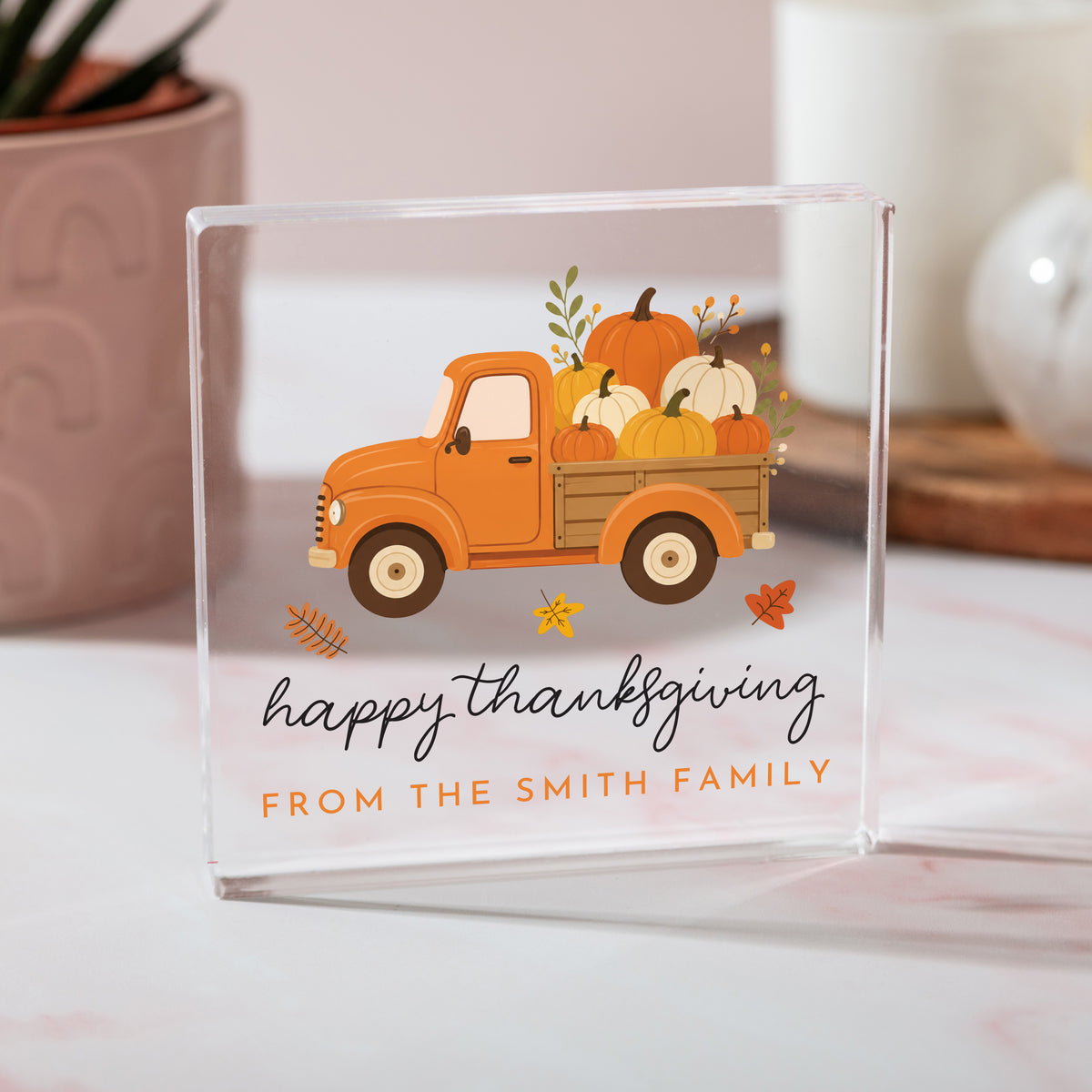 Thanksgiving Family Keepsake, Personalized Acrylic Plaque with Pumpkin Truck, Fall Hostess Gift Decor