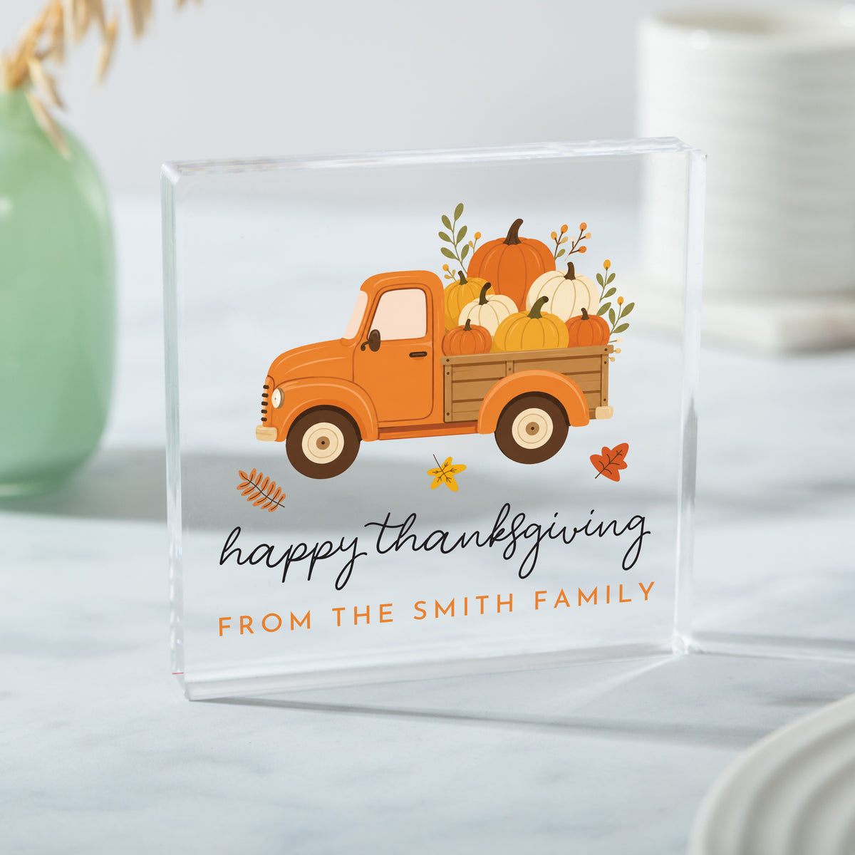 Thanksgiving Family Keepsake, Personalized Acrylic Plaque with Pumpkin Truck, Fall Hostess Gift Decor