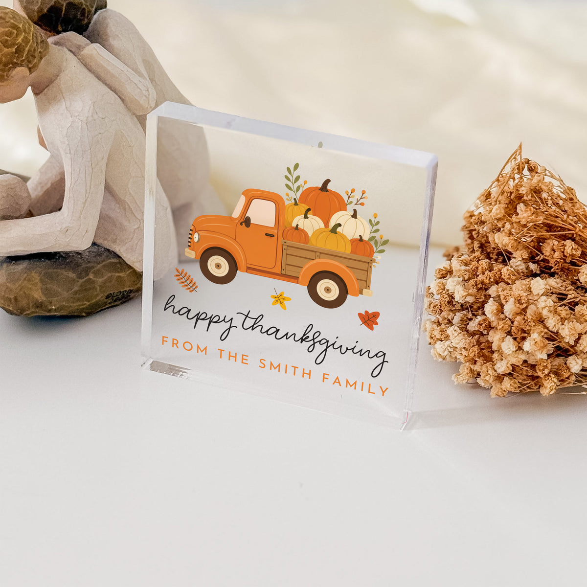 Thanksgiving Family Keepsake, Personalized Acrylic Plaque with Pumpkin Truck, Fall Hostess Gift Decor