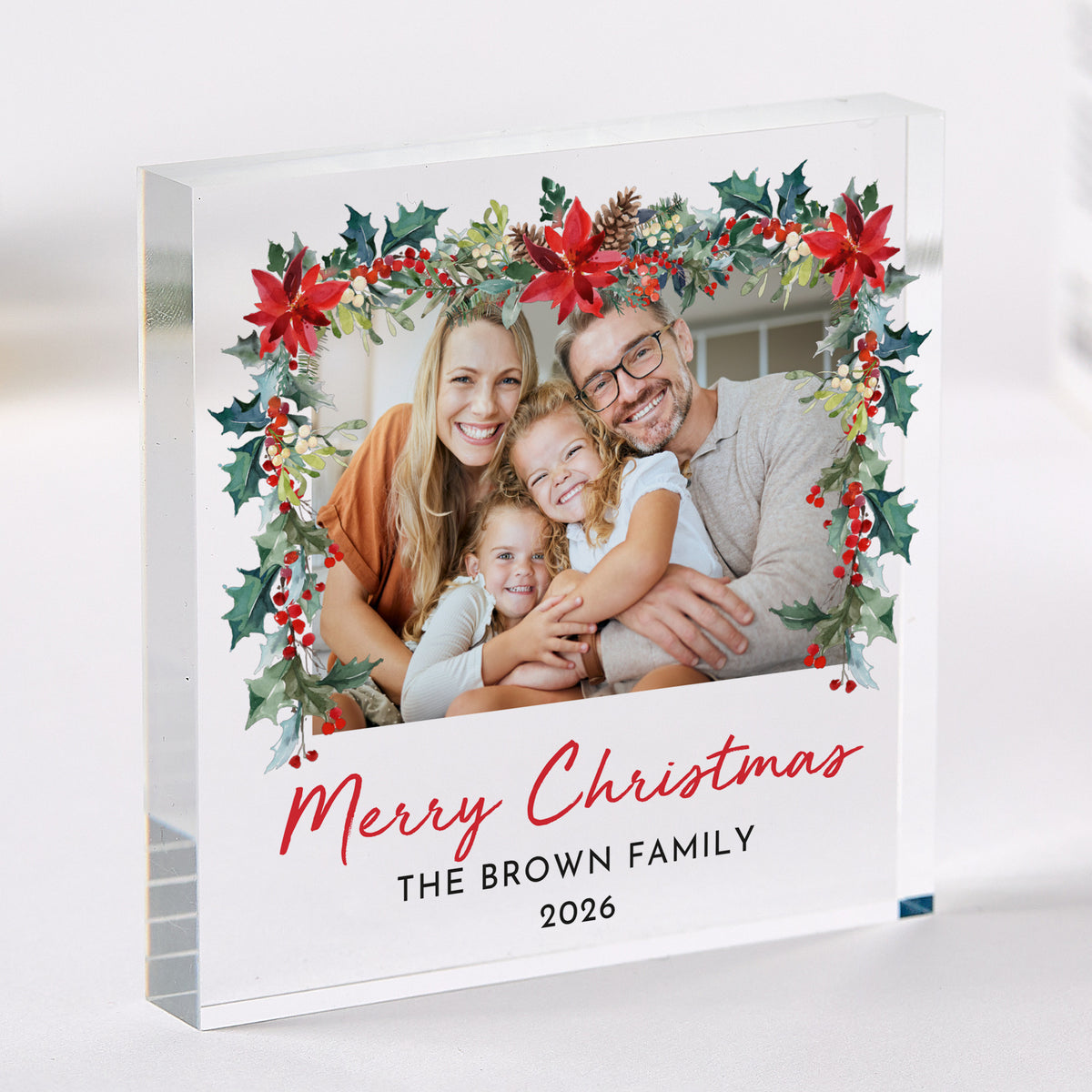Christmas Family Photo Acrylic Plaque, Personalized Merry Christmas Keepsake with Poinsettia Holly Frame