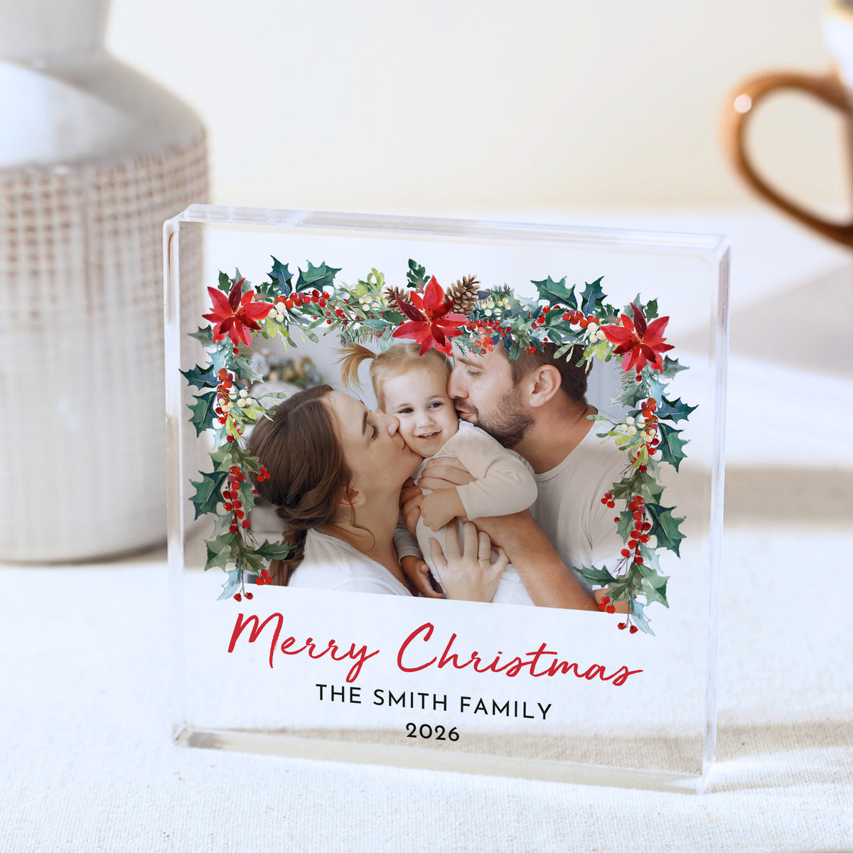 Christmas Family Photo Acrylic Plaque, Personalized Merry Christmas Keepsake with Poinsettia Holly Frame