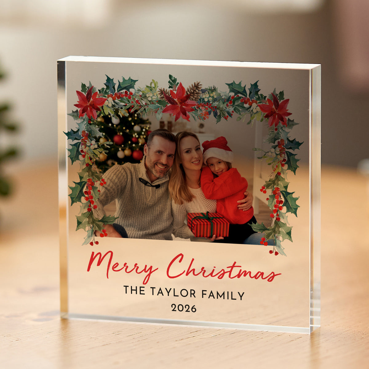 Christmas Family Photo Acrylic Plaque, Personalized Merry Christmas Keepsake with Poinsettia Holly Frame