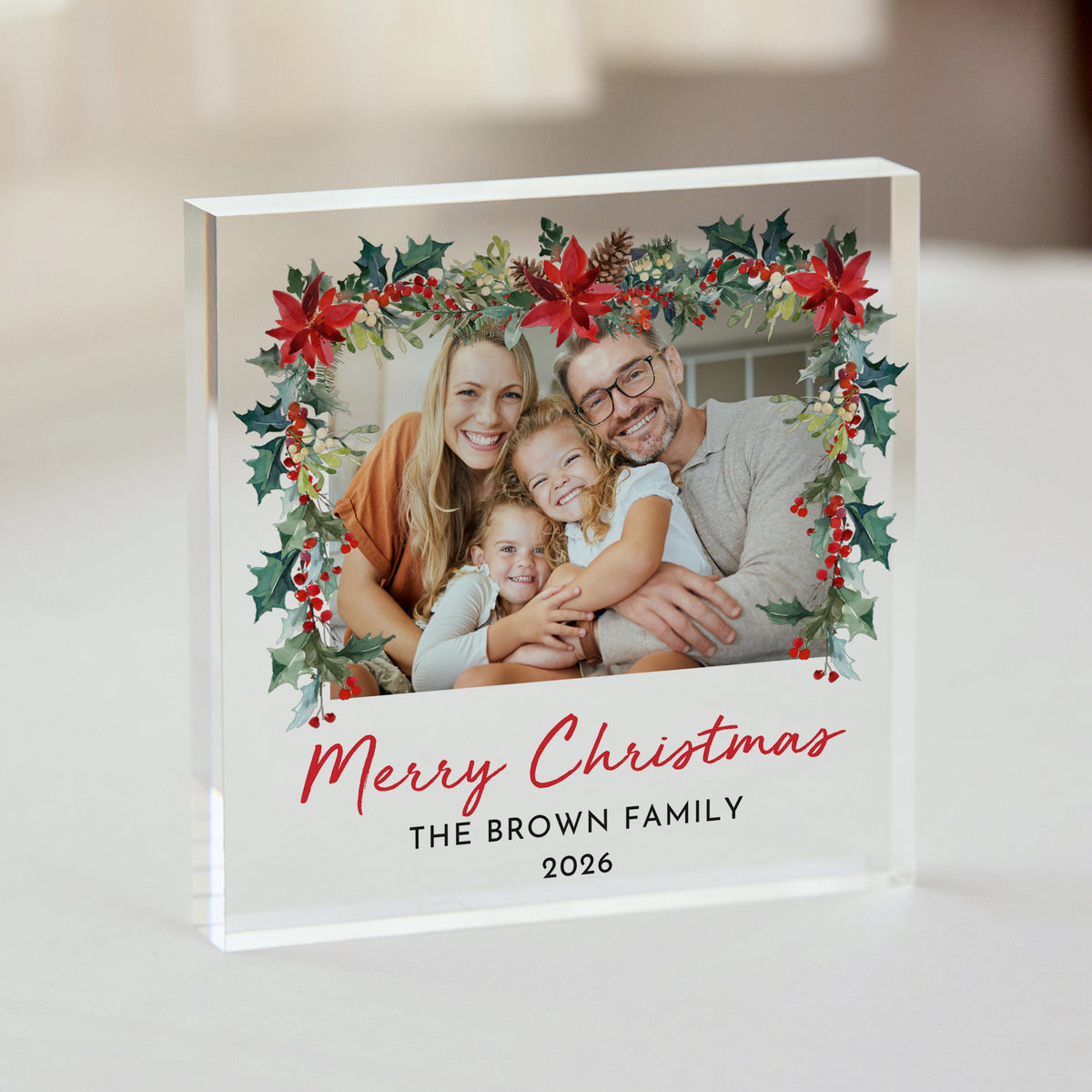 Christmas Family Photo Acrylic Plaque, Personalized Merry Christmas Keepsake with Poinsettia Holly Frame