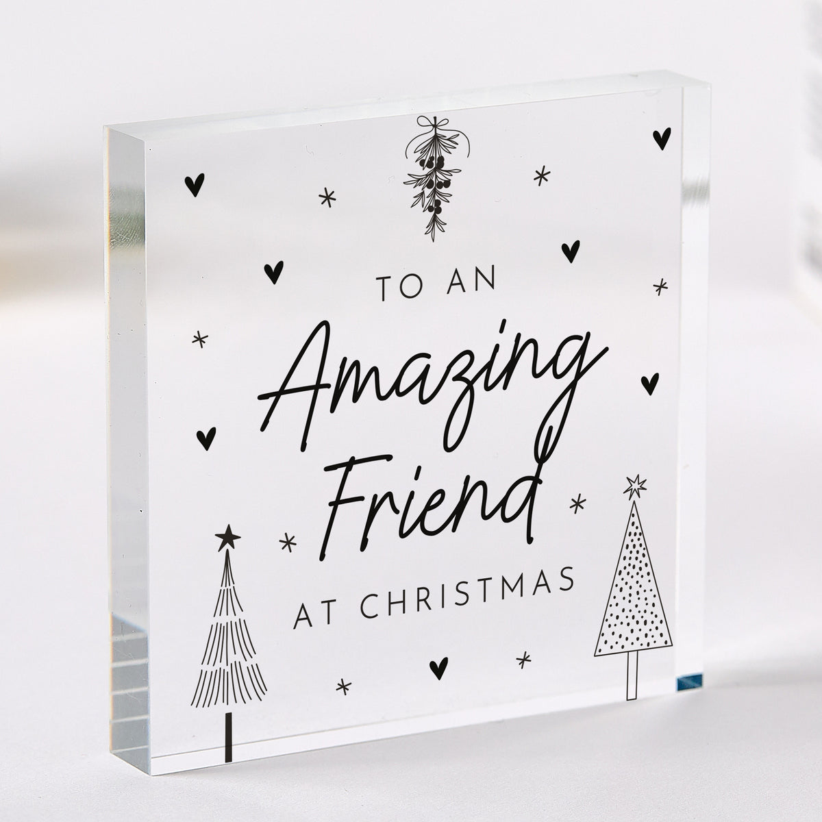 Christmas Gift for an Amazing Friend, Acrylic Plaque with Modern Trees, Heart and Mistletoe Keepsake