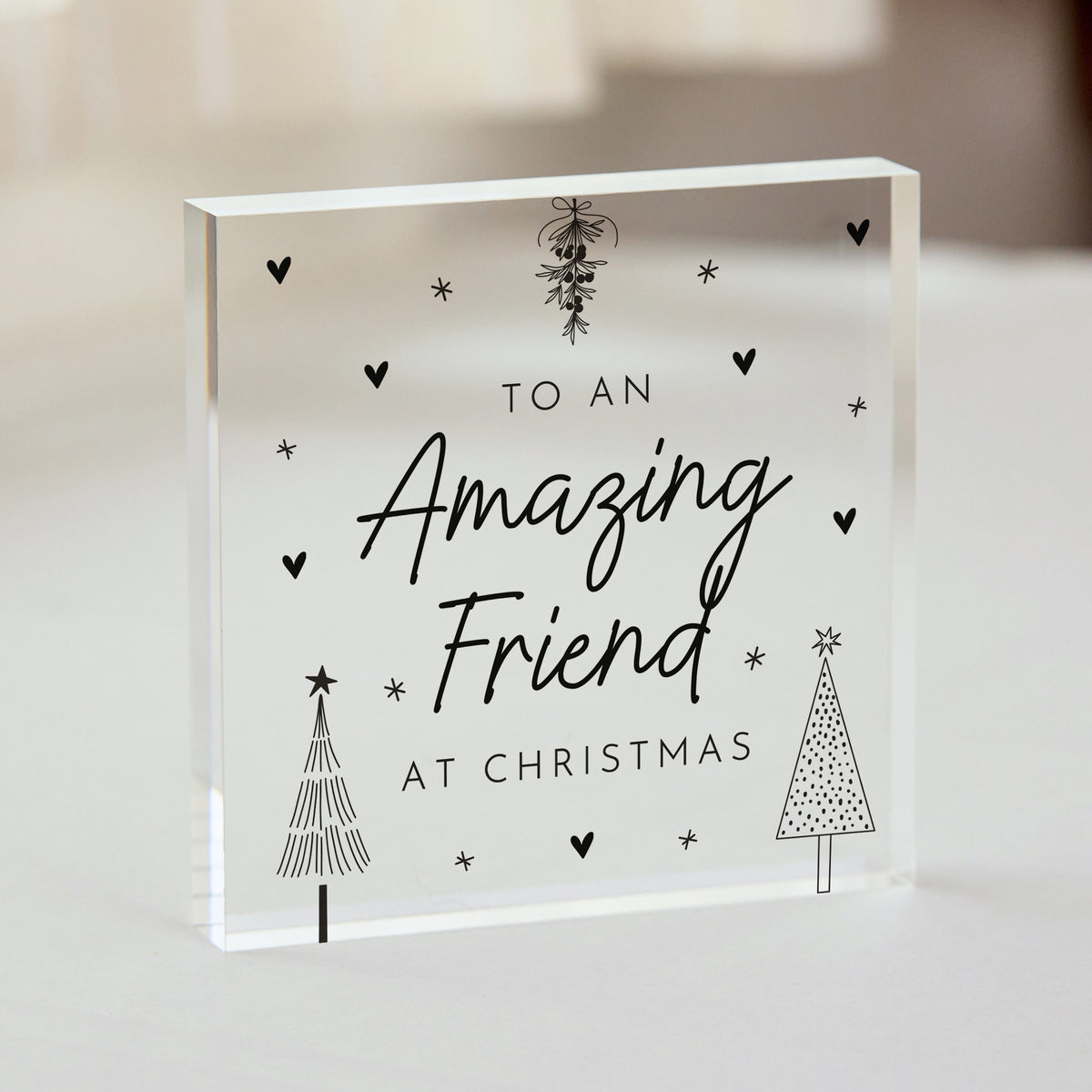 Christmas Gift for an Amazing Friend, Acrylic Plaque with Modern Trees, Heart and Mistletoe Keepsake