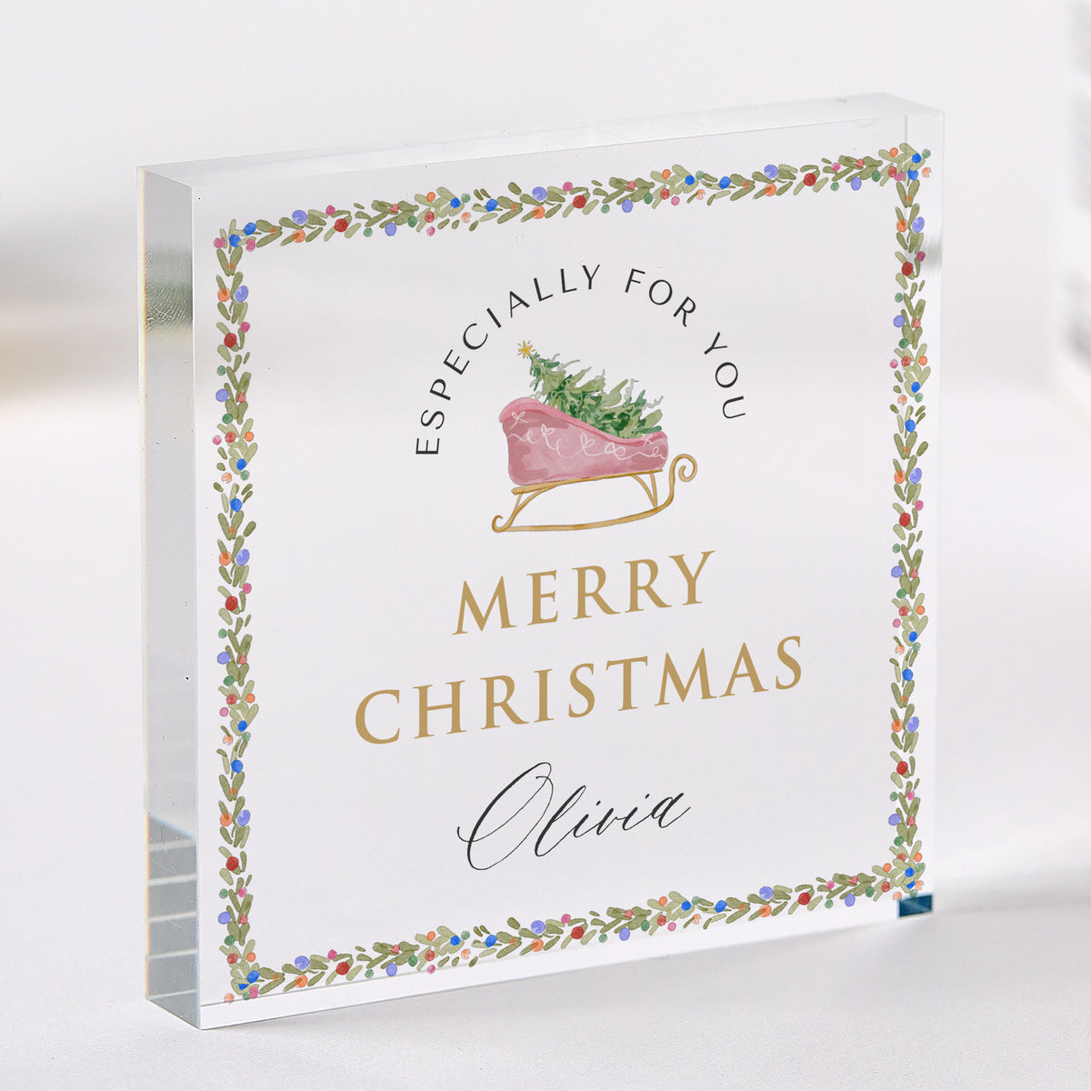 Merry Christmas Gift for Her, Personalized Acrylic Plaque with Pink Sleigh and Floral Border, Especially for You Keepsake