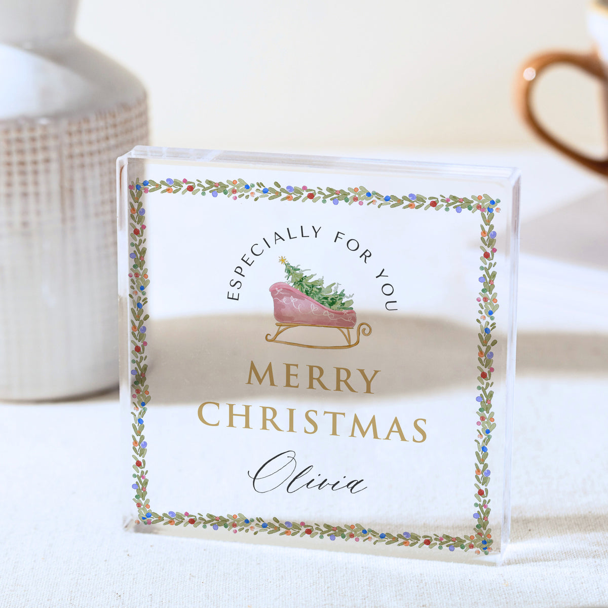 Merry Christmas Gift for Her, Personalized Acrylic Plaque with Pink Sleigh and Floral Border, Especially for You Keepsake