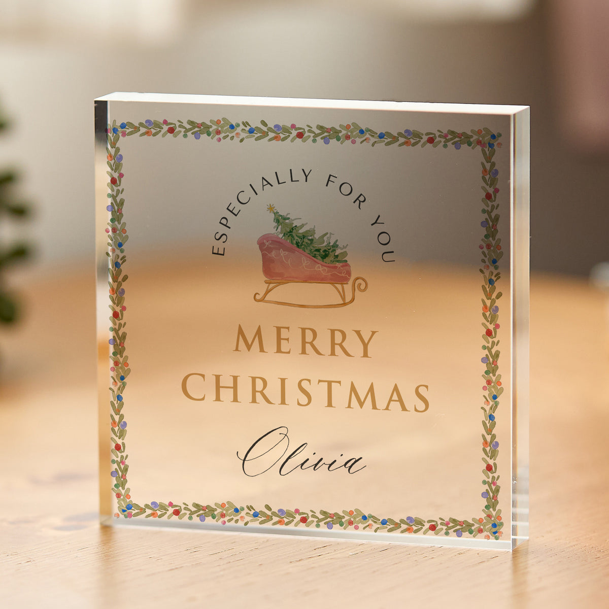 Merry Christmas Gift for Her, Personalized Acrylic Plaque with Pink Sleigh and Floral Border, Especially for You Keepsake