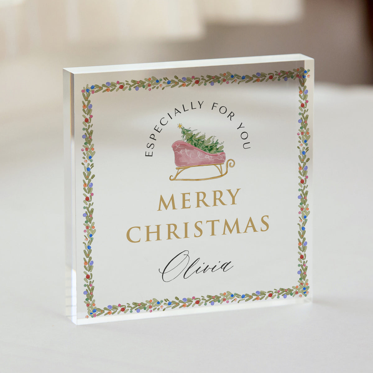 Merry Christmas Gift for Her, Personalized Acrylic Plaque with Pink Sleigh and Floral Border, Especially for You Keepsake