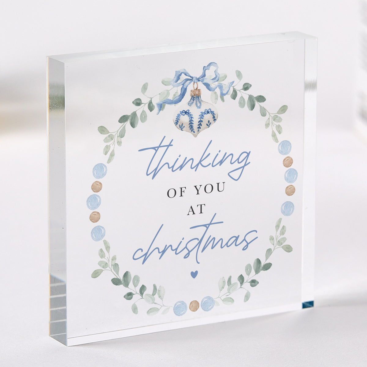 Thinking of You at Christmas Acrylic Plaque, Blue Ornament and Greenery Holiday Keepsake, Winter Decor Gift